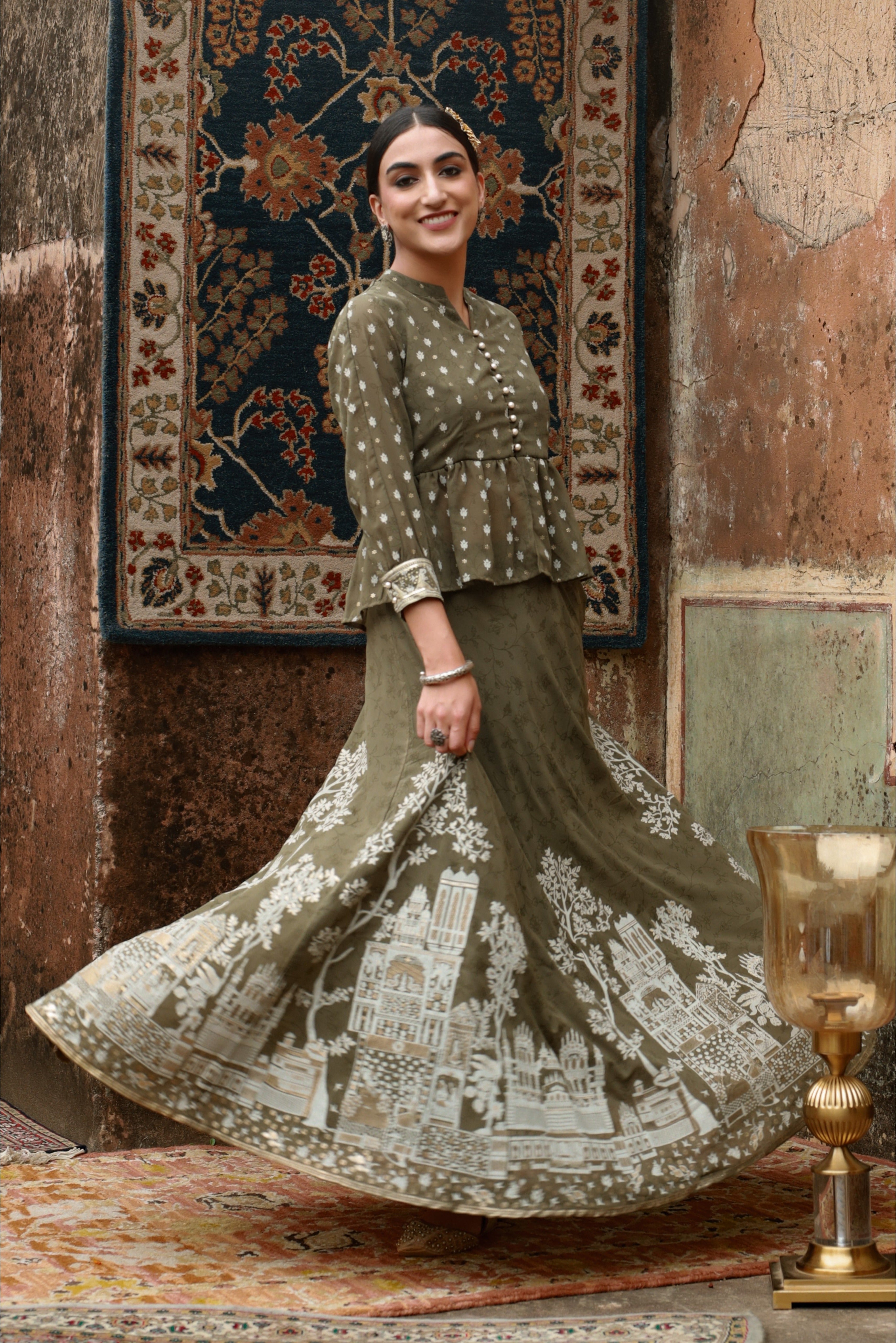 Juniper Olive Ethnic Motif Printed Georgette Lehenga & Choli Set
