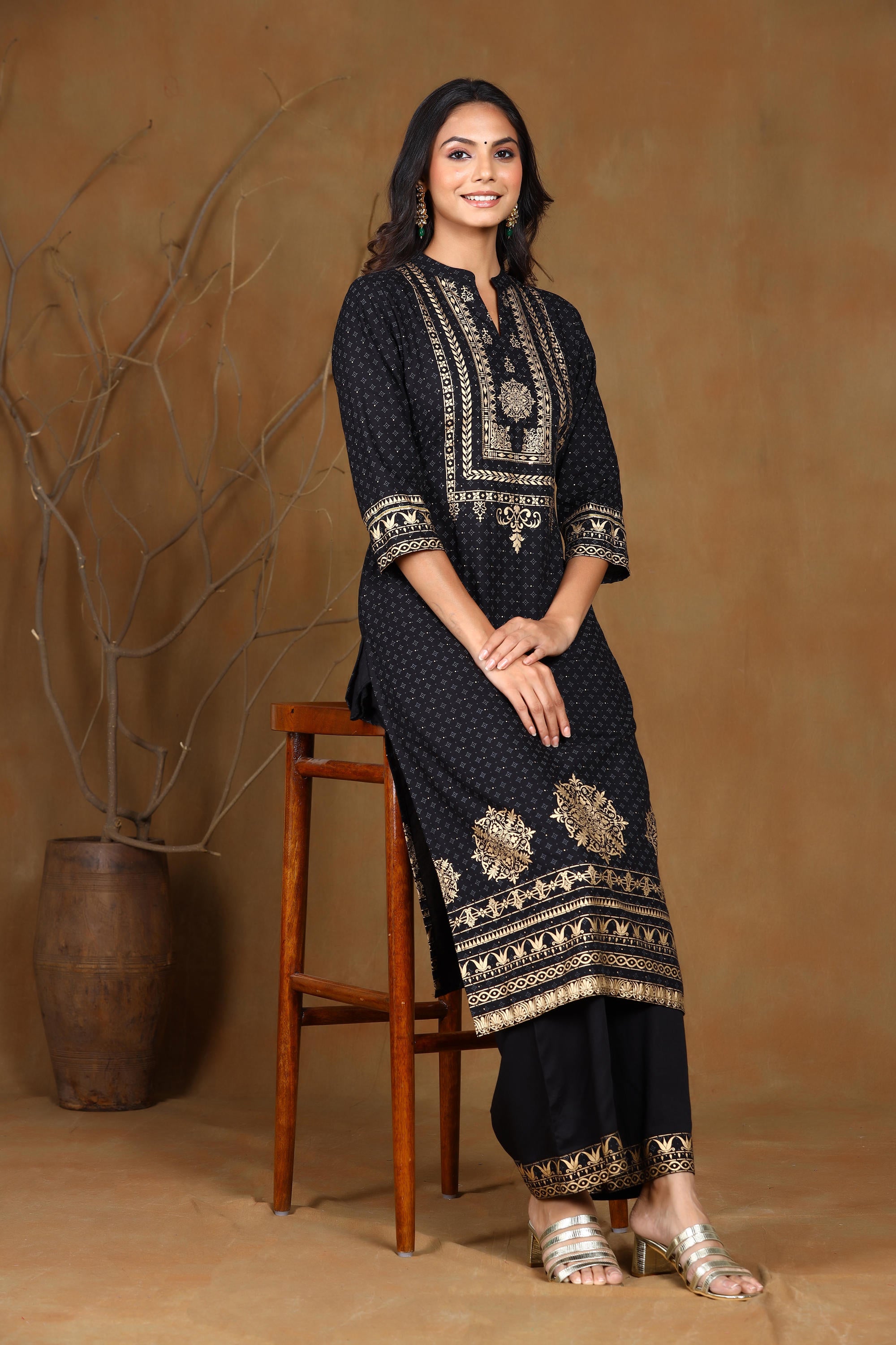 Black Rayon Gold Foil Print Straight Kurta