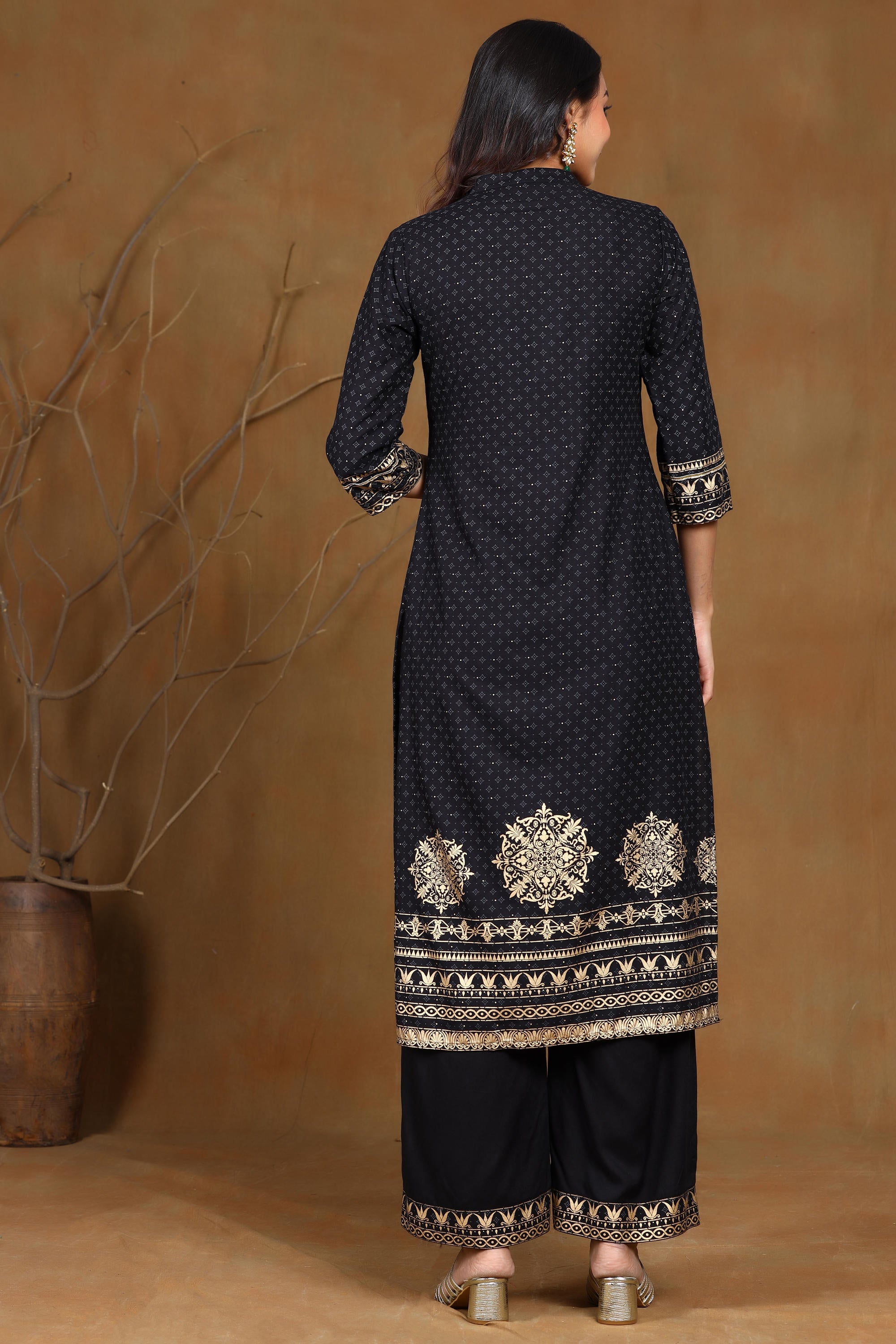 Black Rayon Gold Foil Print Straight Kurta