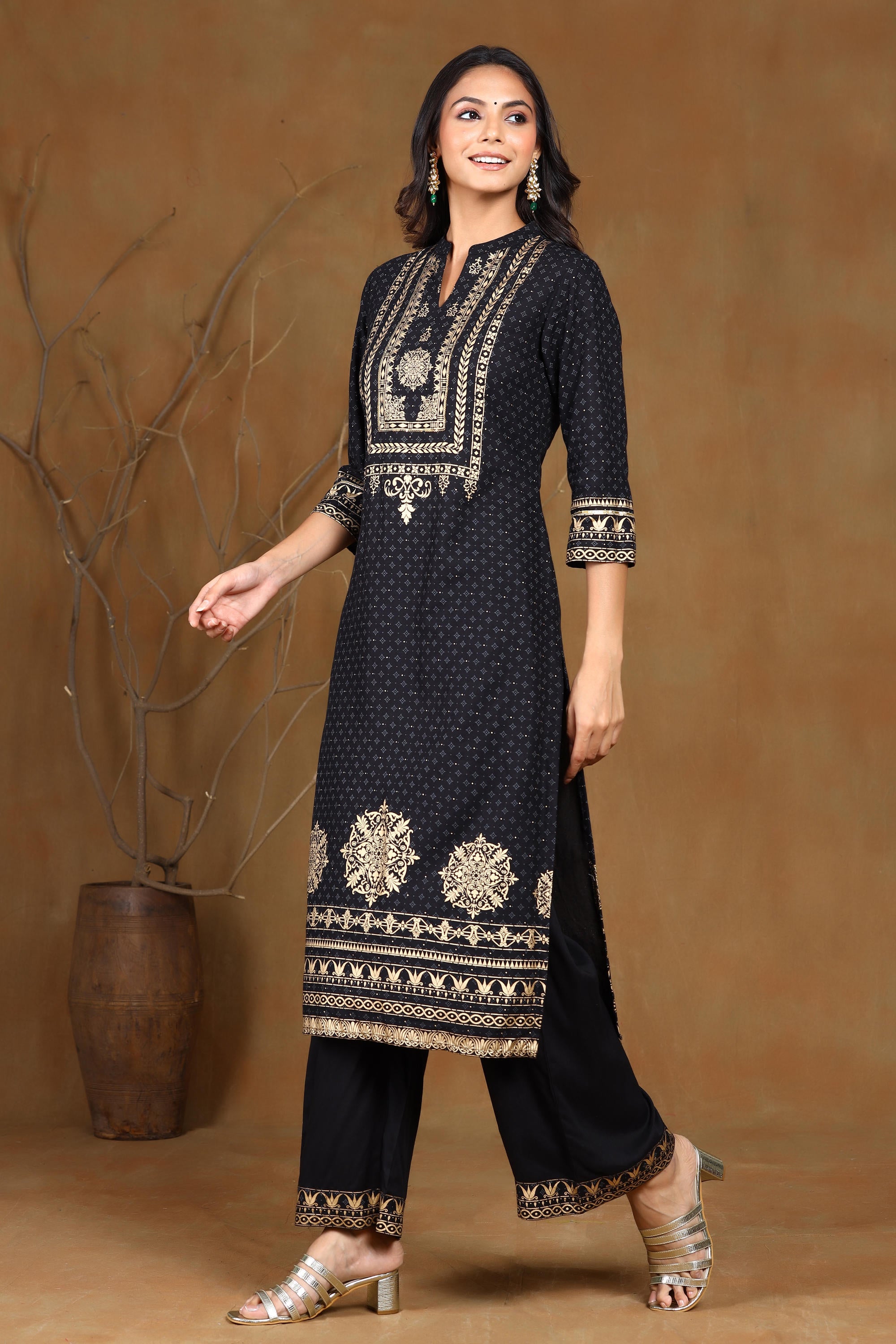 Black Rayon Gold Foil Print Straight Kurta