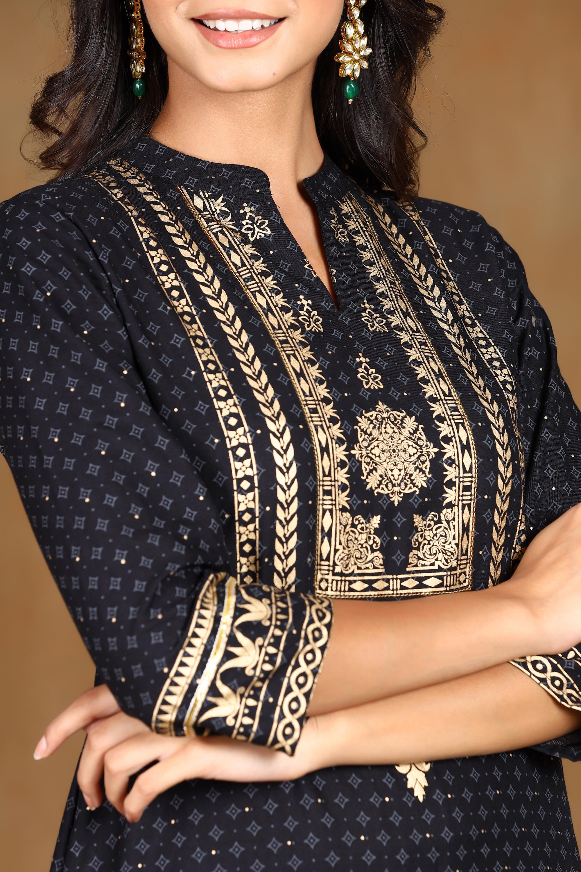 Black Rayon Gold Foil Print Straight Kurta