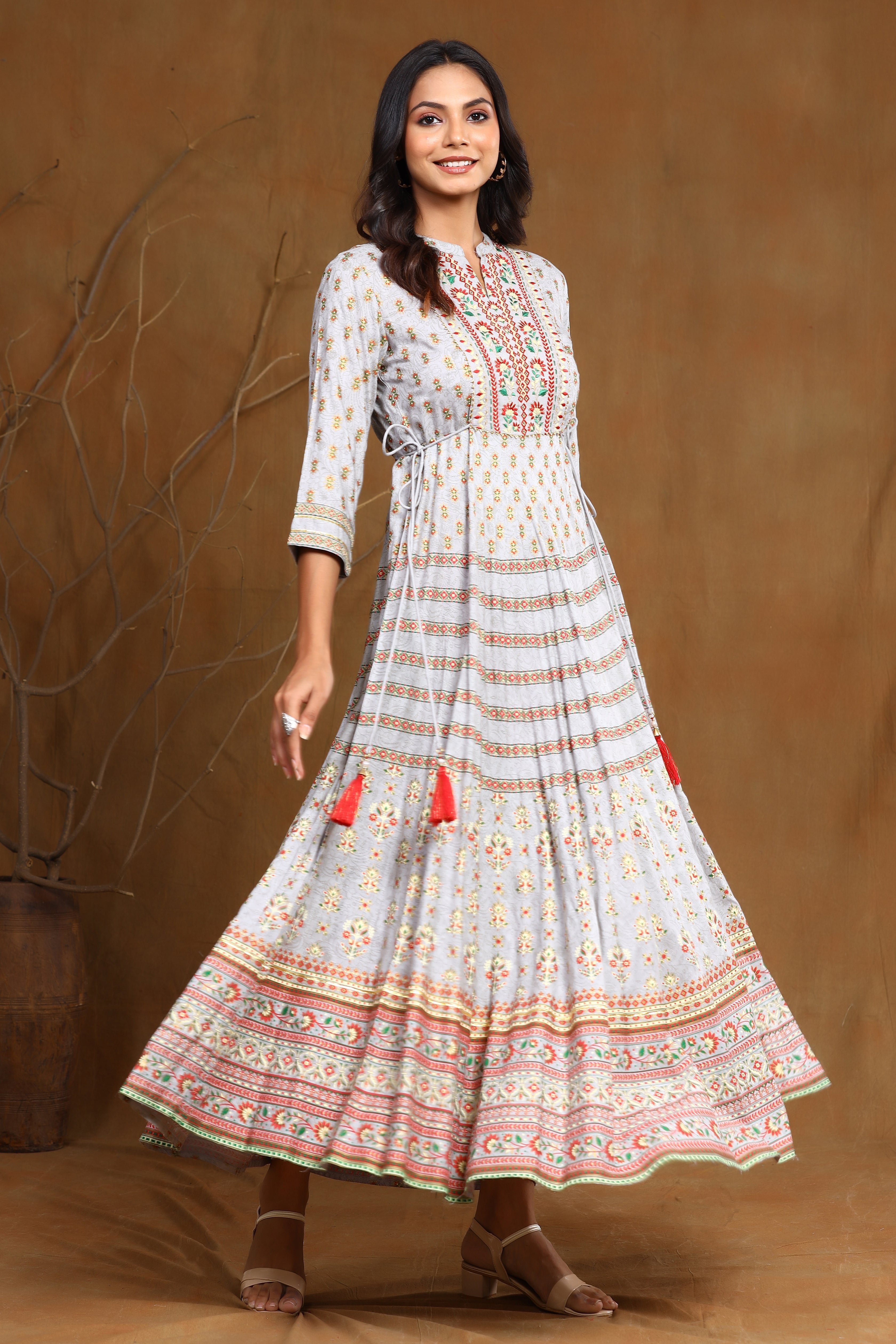 Juniper Grey Ethnic Motif Printed & Embroidered Rayon Maxi Dress