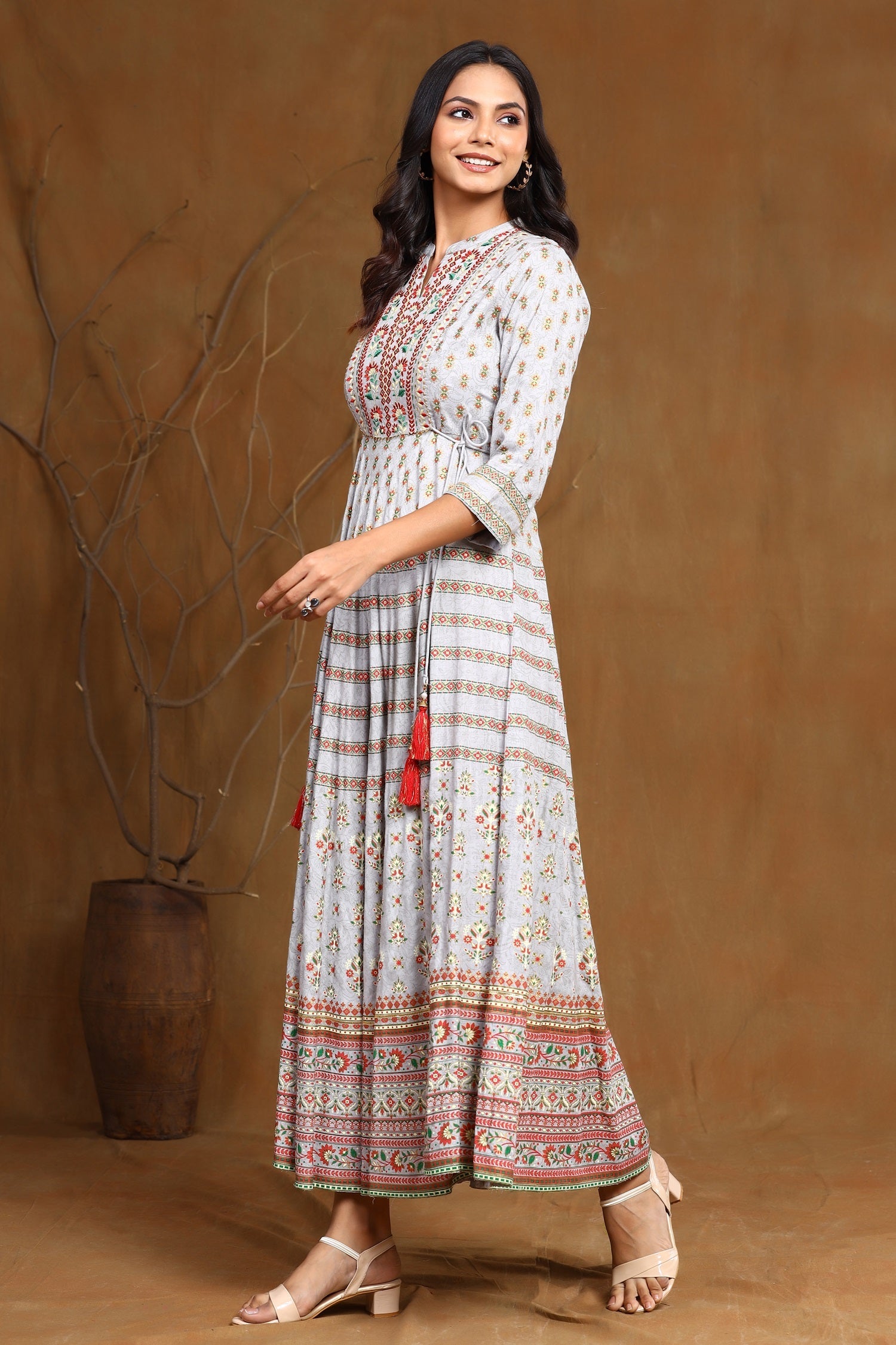 Juniper Grey Ethnic Motif Printed & Embroidered Rayon Maxi Dress