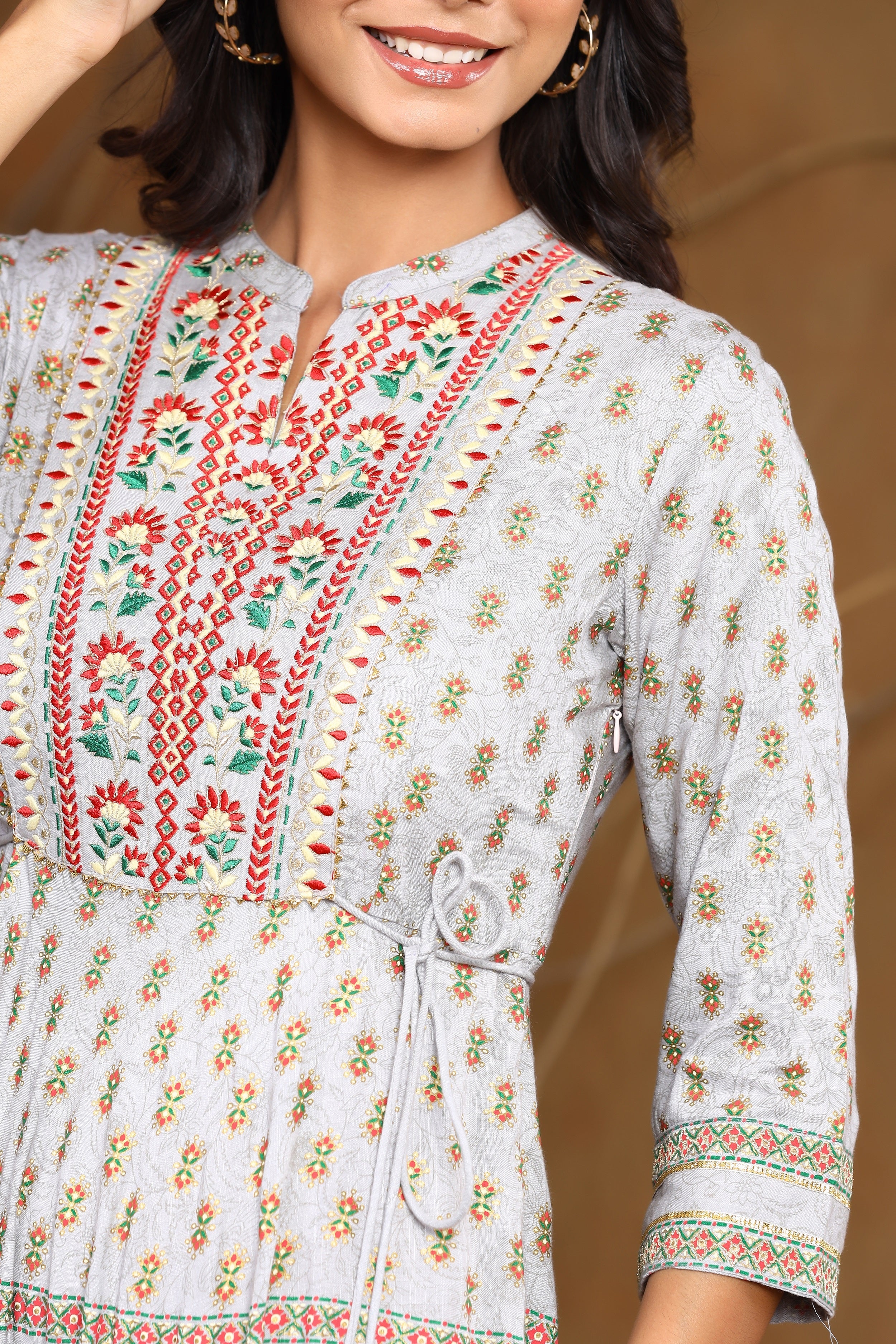 Juniper Grey Ethnic Motif Printed & Embroidered Rayon Maxi Dress