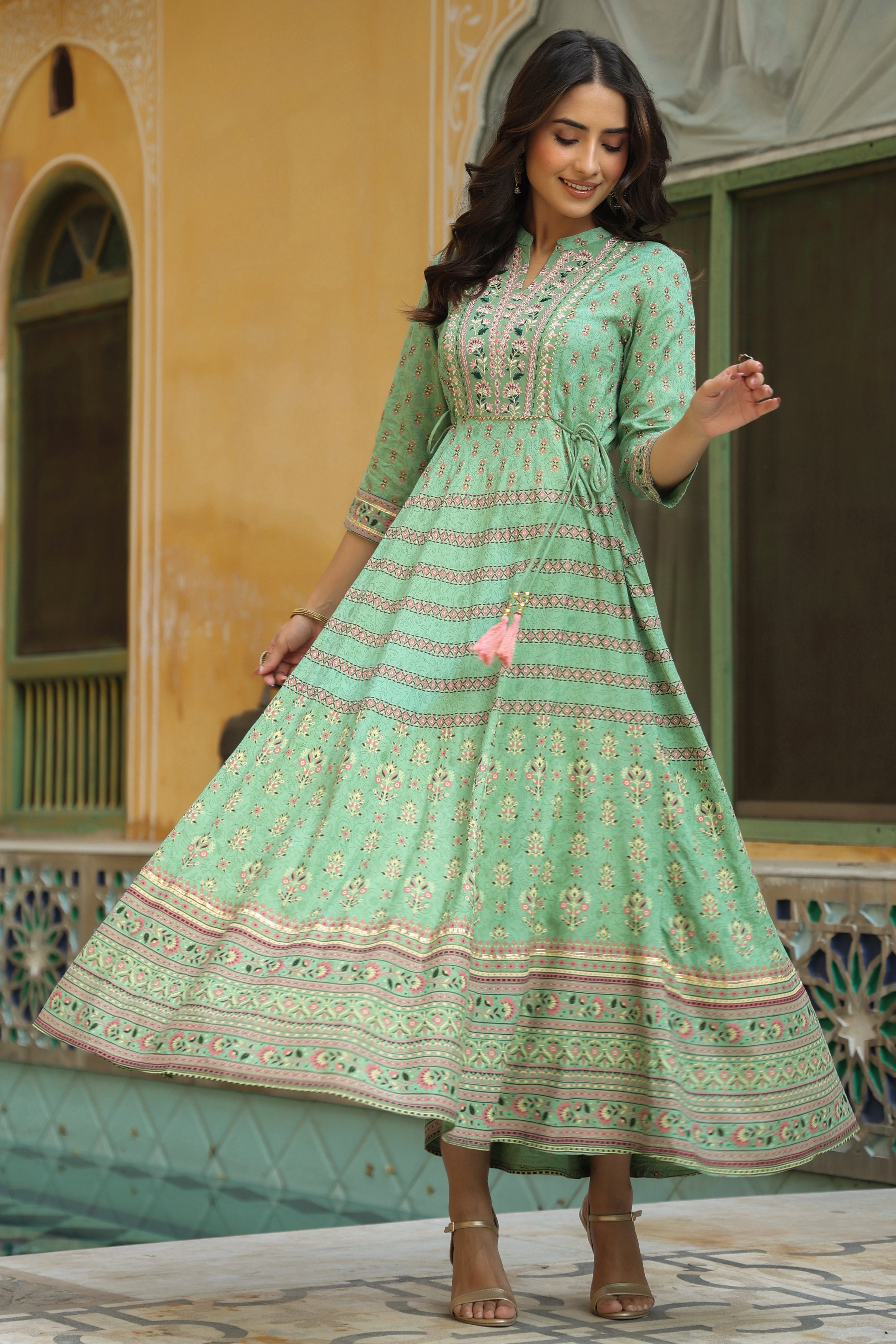 Juniper Pista Green Ethnic Motif Rayon Embroidered Flared Maxi Dress.