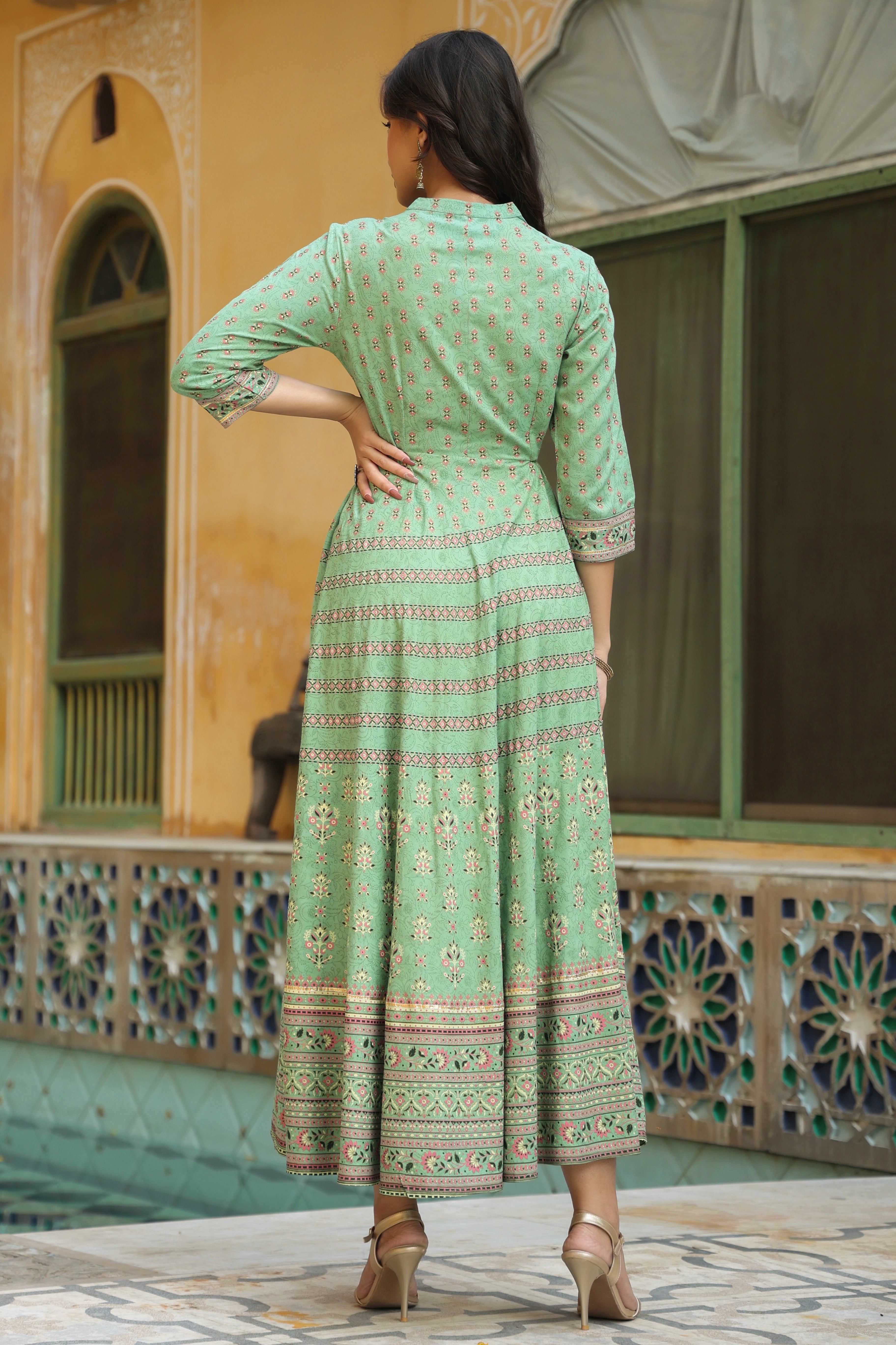 Juniper Pista Green Ethnic Motif Rayon Embroidered Flared Maxi Dress.