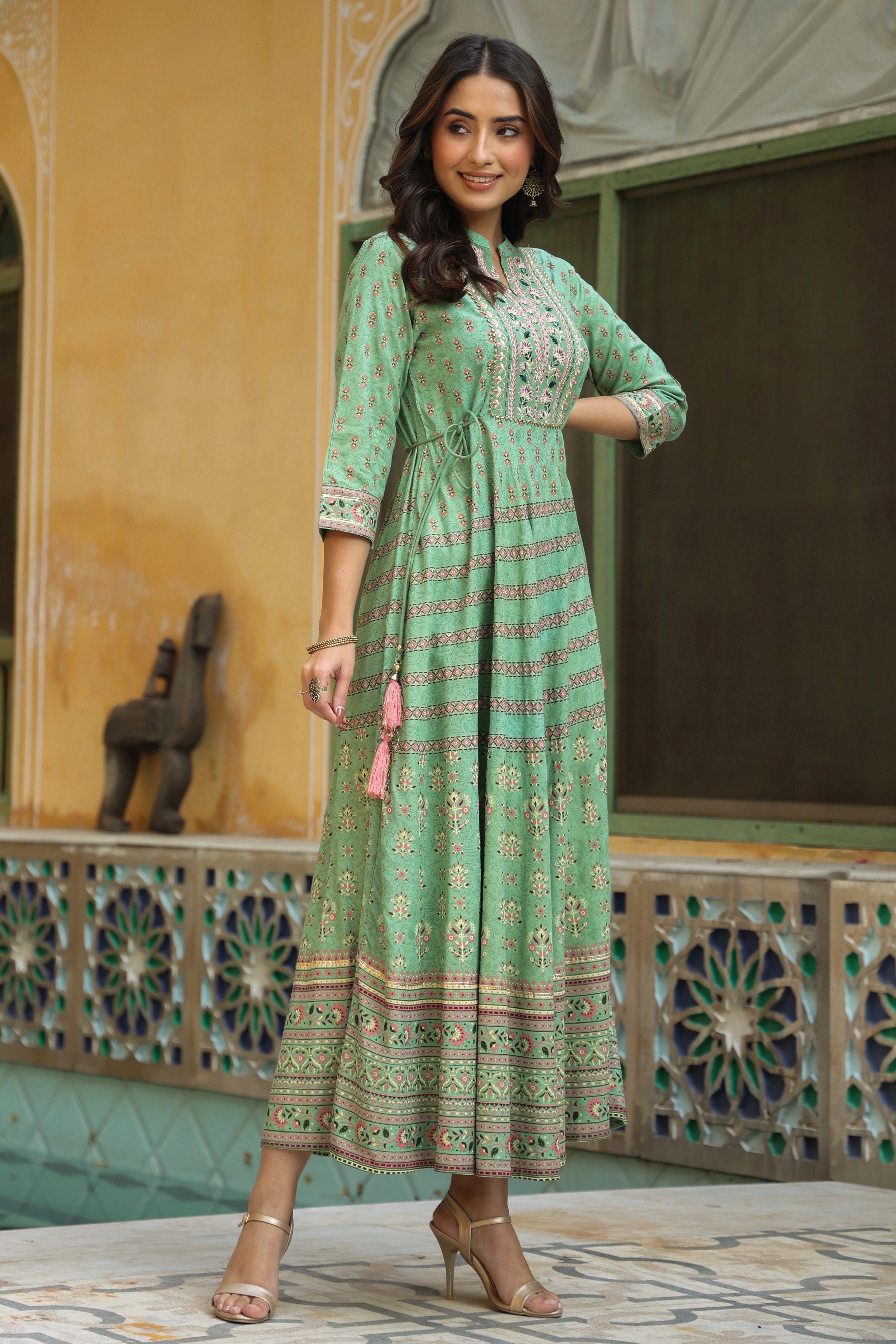 Juniper Pista Green Ethnic Motif Rayon Embroidered Flared Maxi Dress.