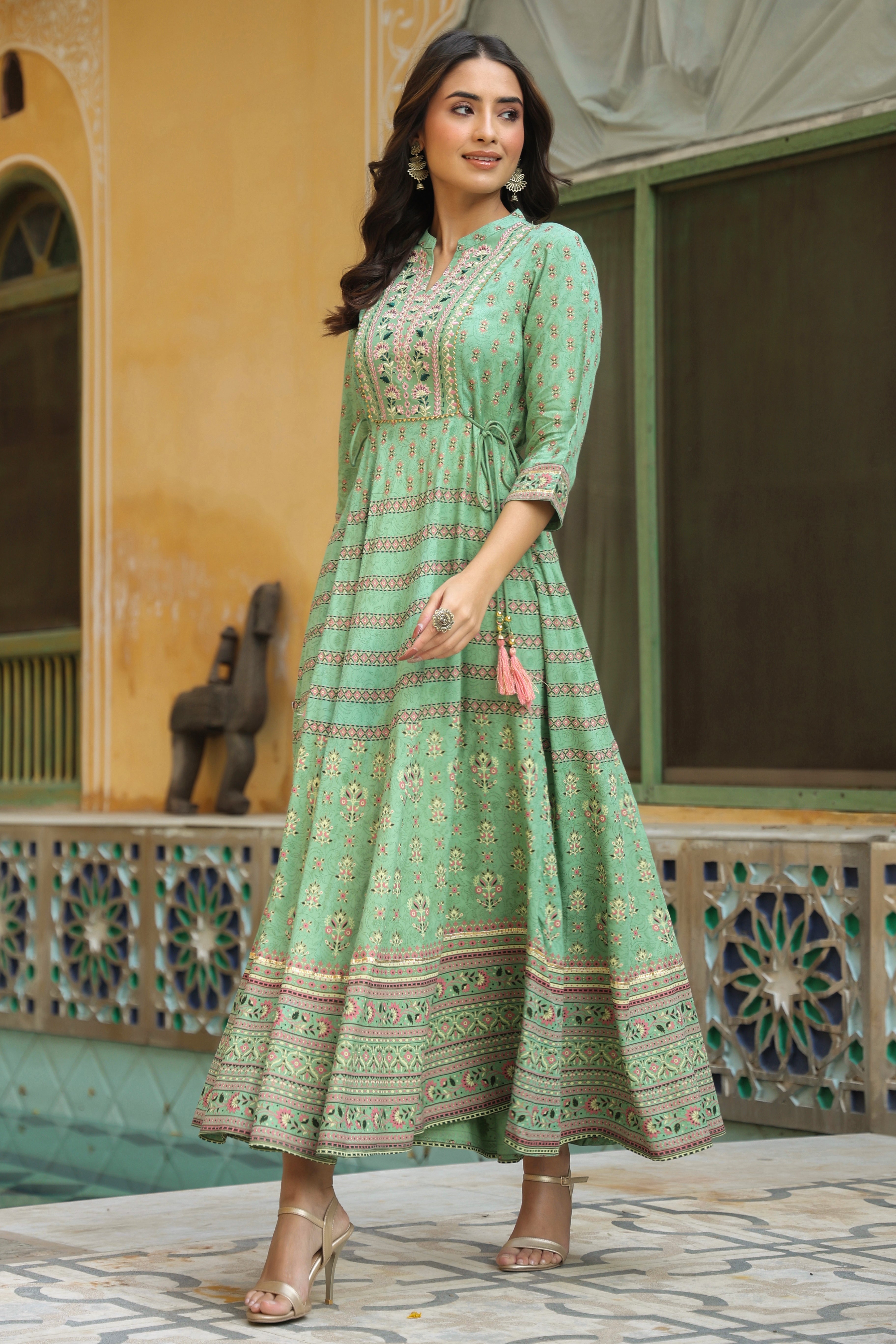 Juniper Pista Green Ethnic Motif Rayon Embroidered Flared Maxi Dress.