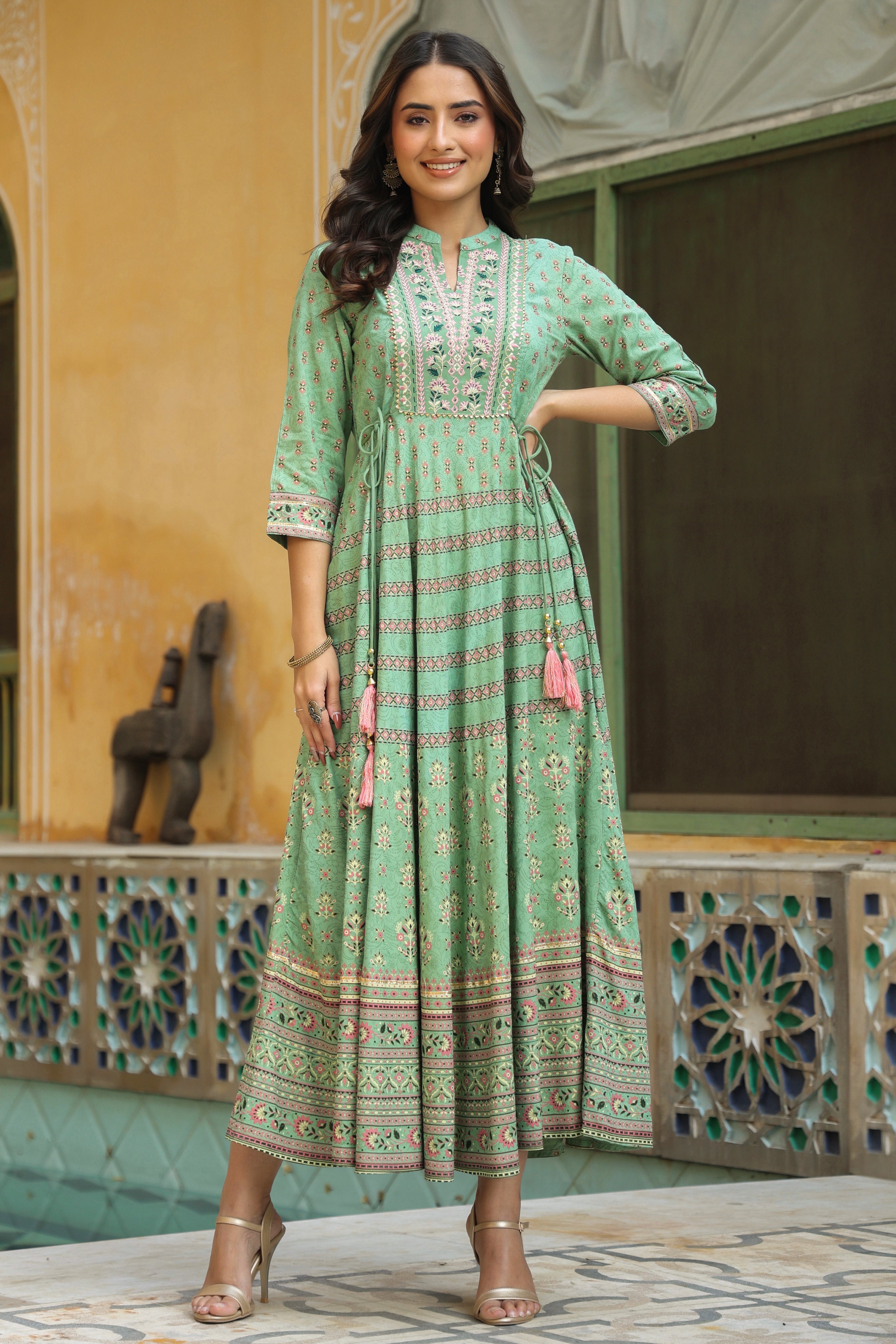 Juniper Pista Green Ethnic Motif Rayon Embroidered Flared Maxi Dress.