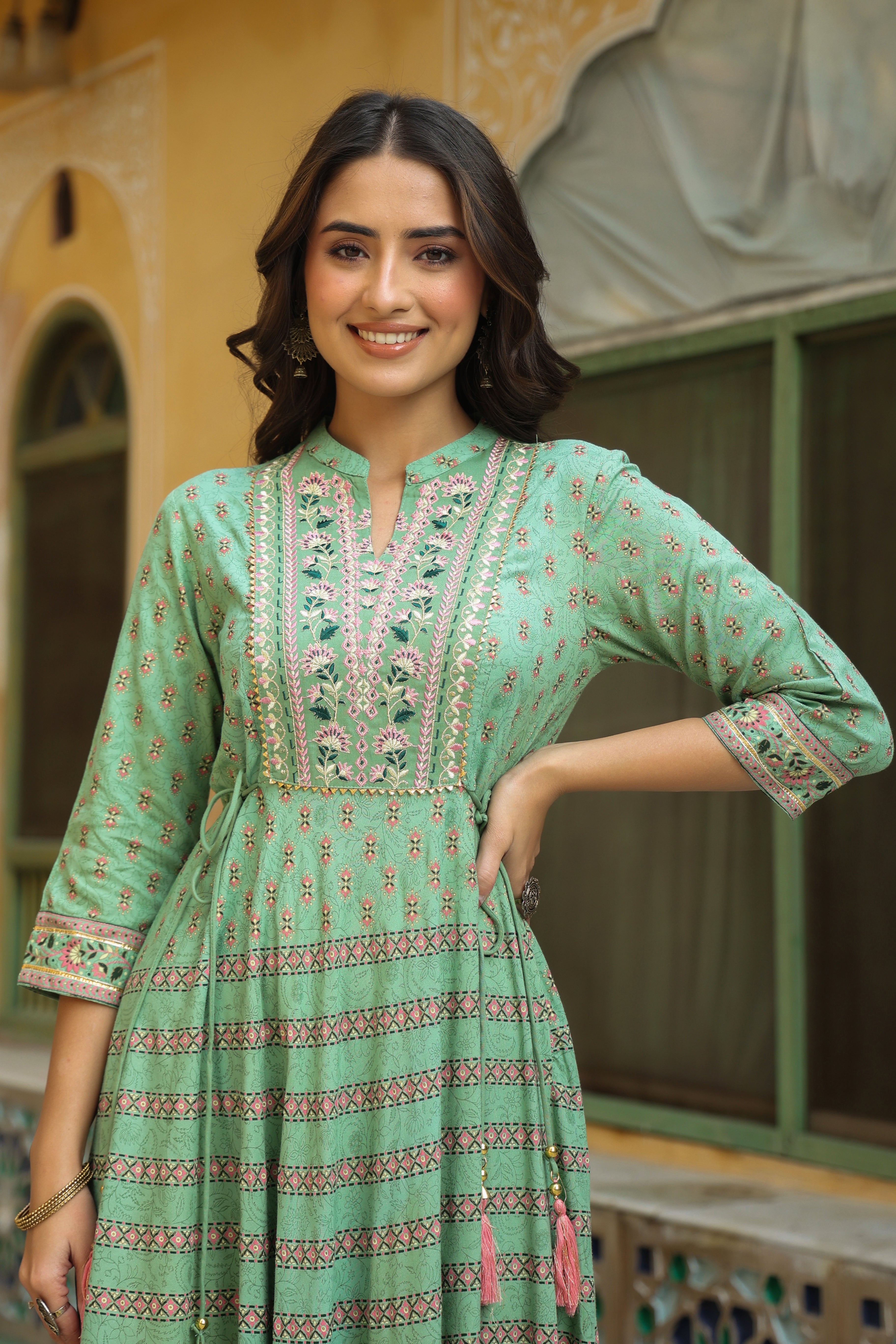 Juniper Pista Green Ethnic Motif Rayon Embroidered Flared Maxi Dress.