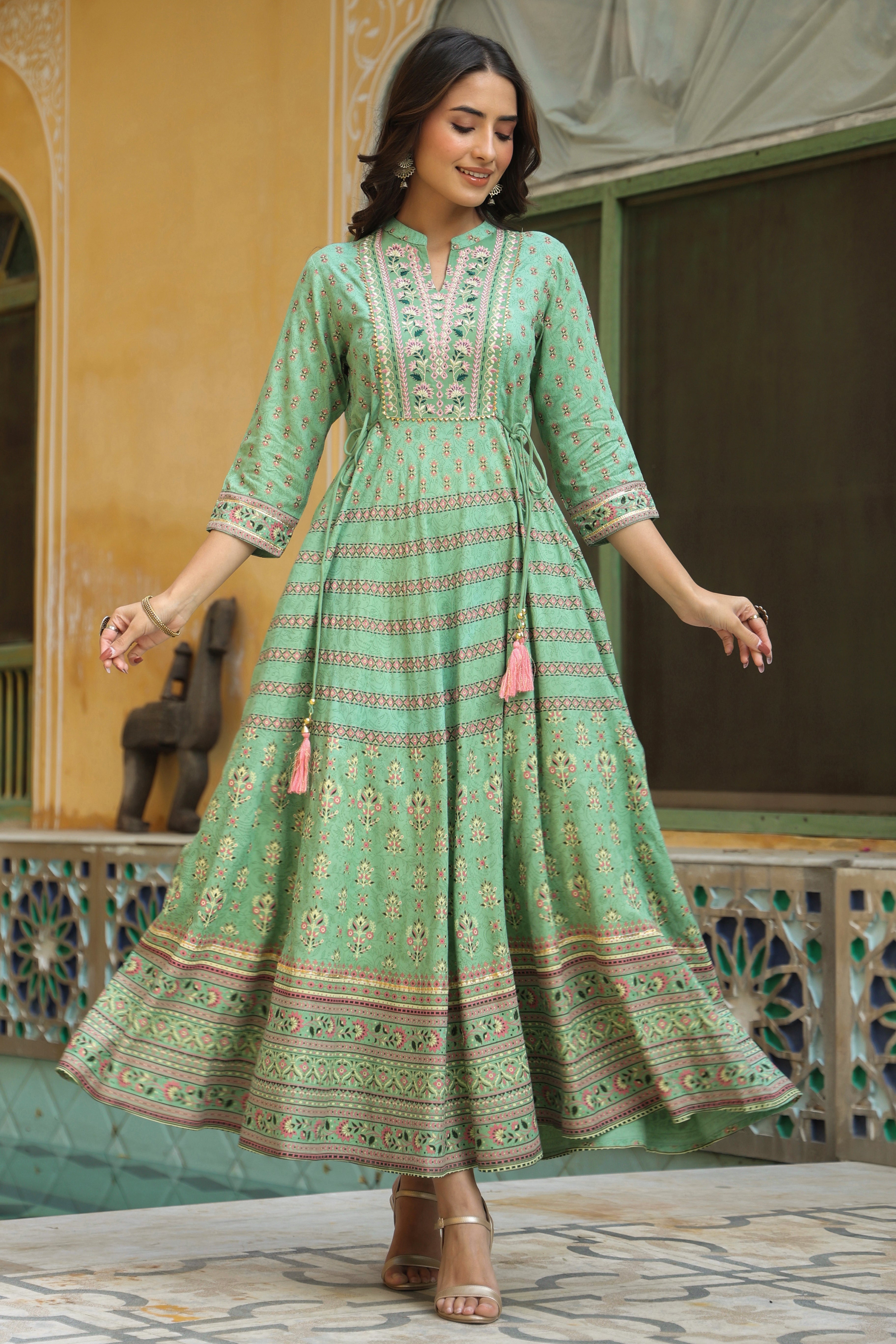 Juniper Pista Green Ethnic Motif Rayon Embroidered Flared Maxi Dress.