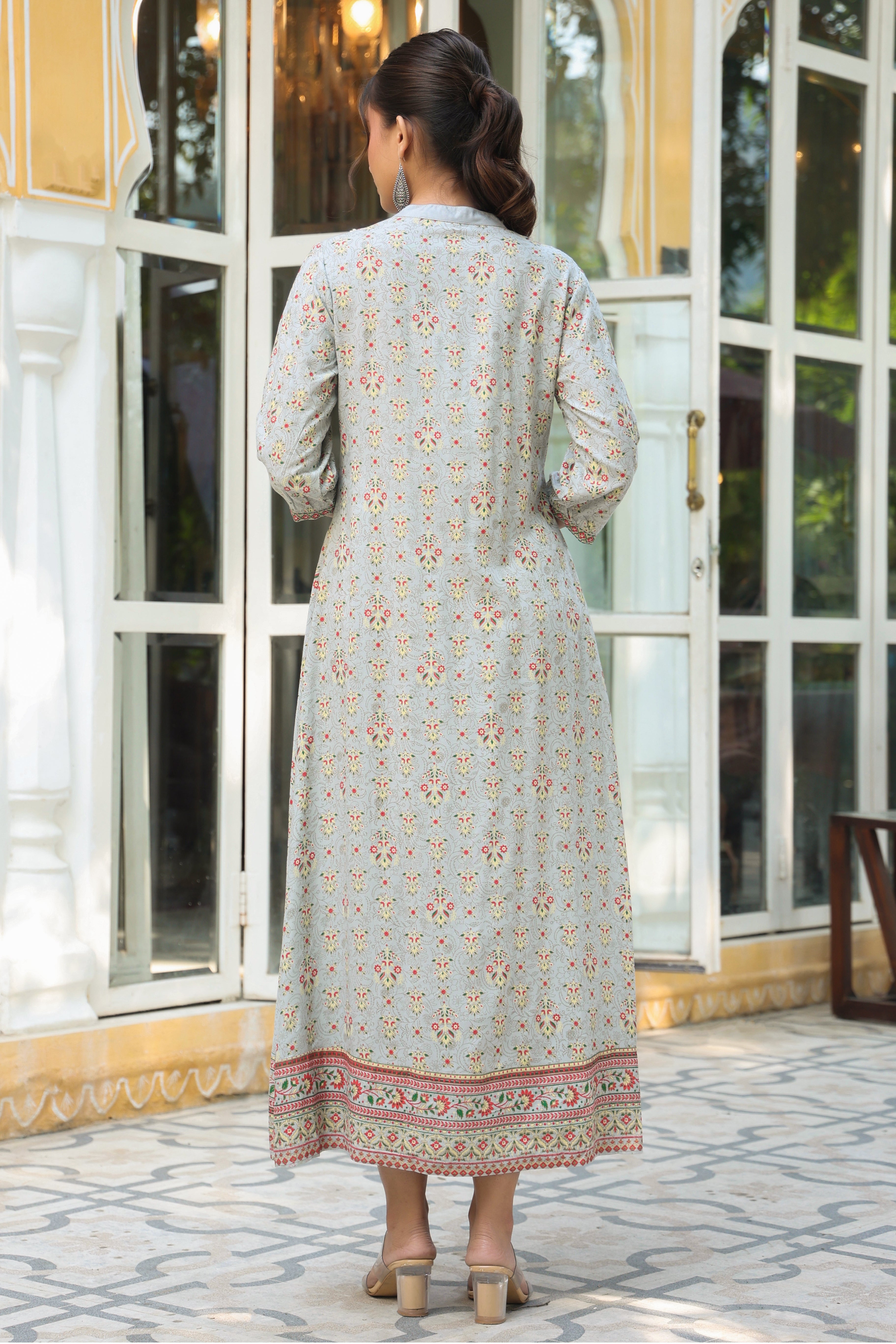 Juniper Grey Ethnic Motif Printed Rayon A-Line Maxi Dress With Buttons.