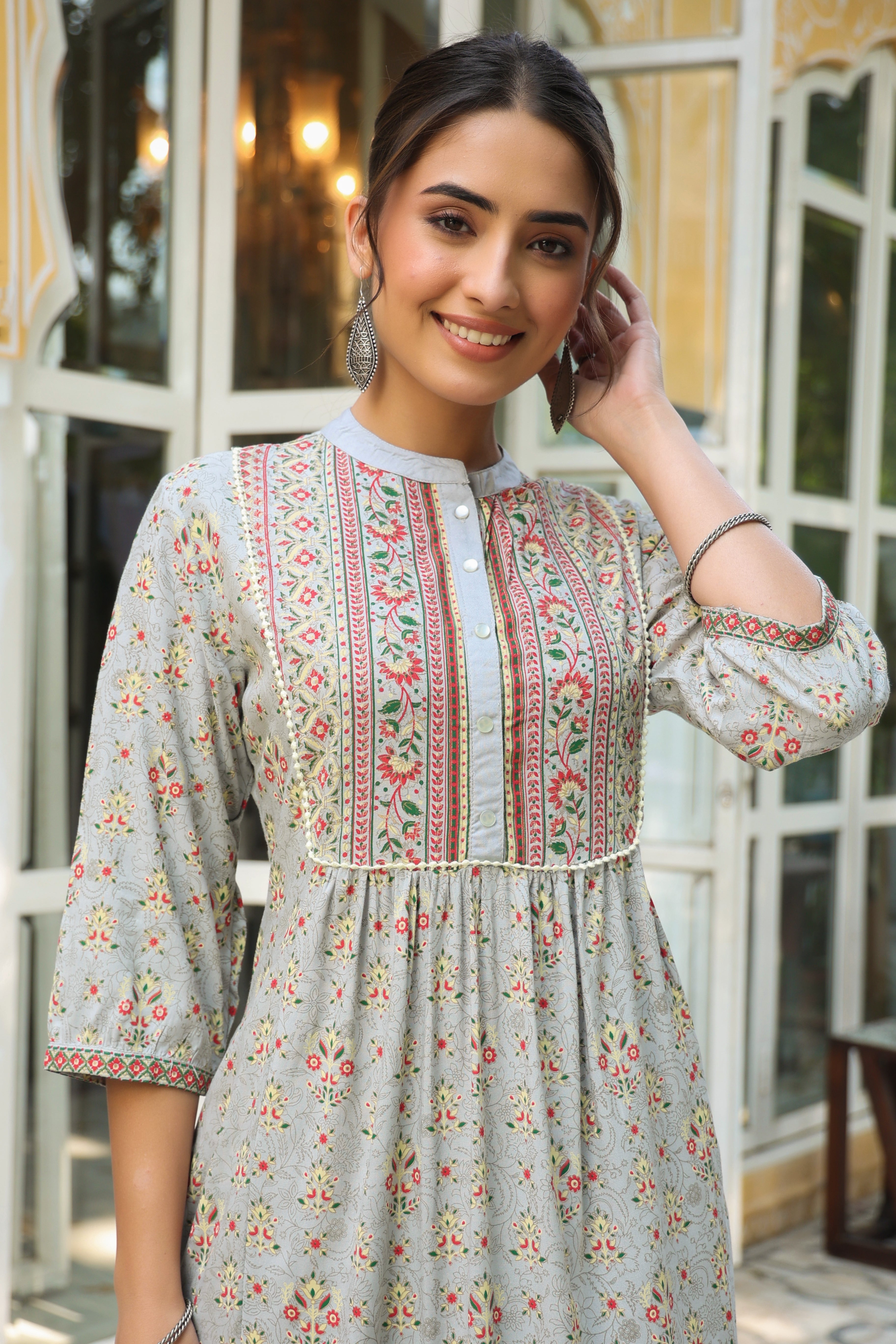 Juniper Grey Ethnic Motif Printed Rayon A-Line Maxi Dress With Buttons.