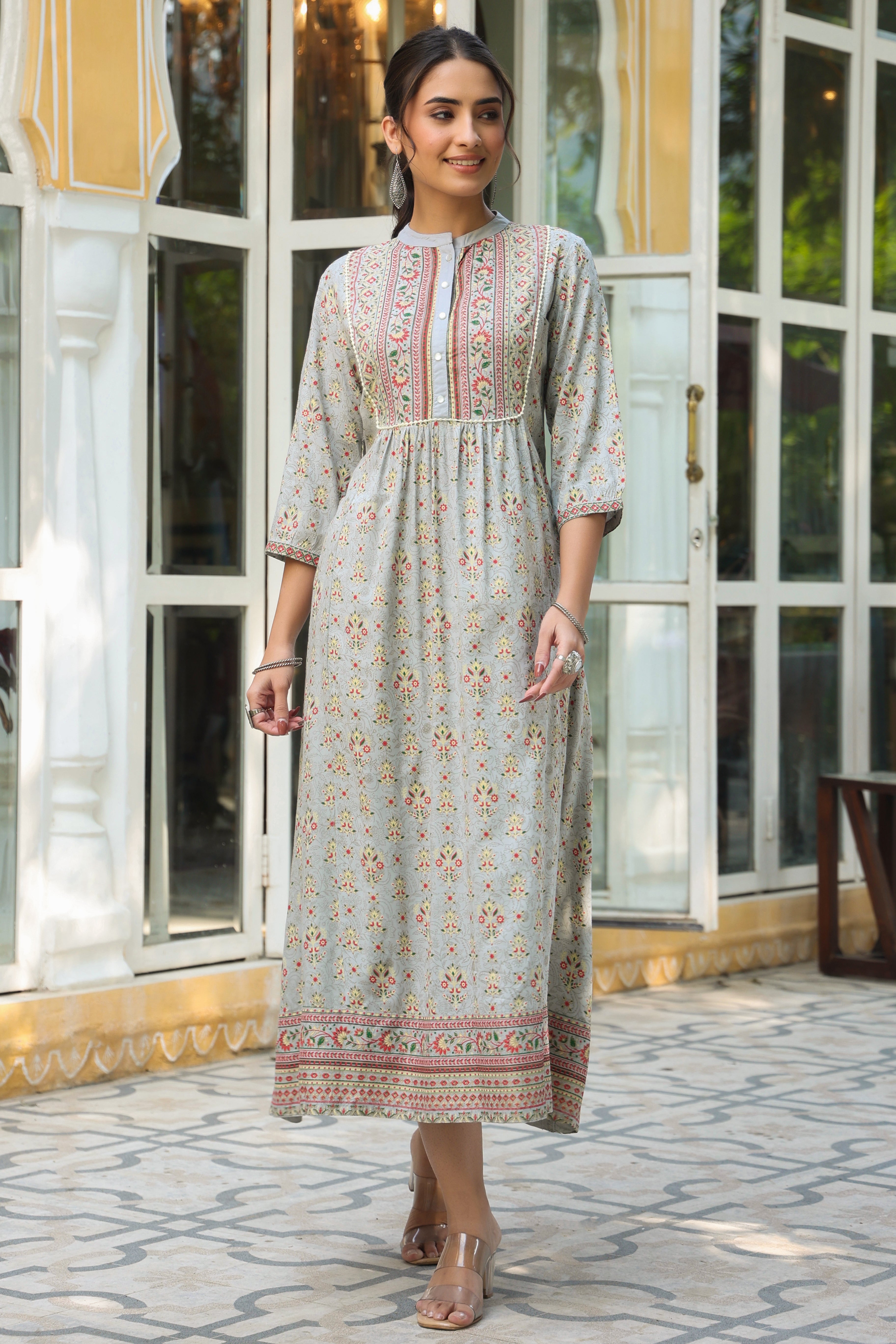 Juniper Grey Ethnic Motif Printed Rayon A-Line Maxi Dress With Buttons.