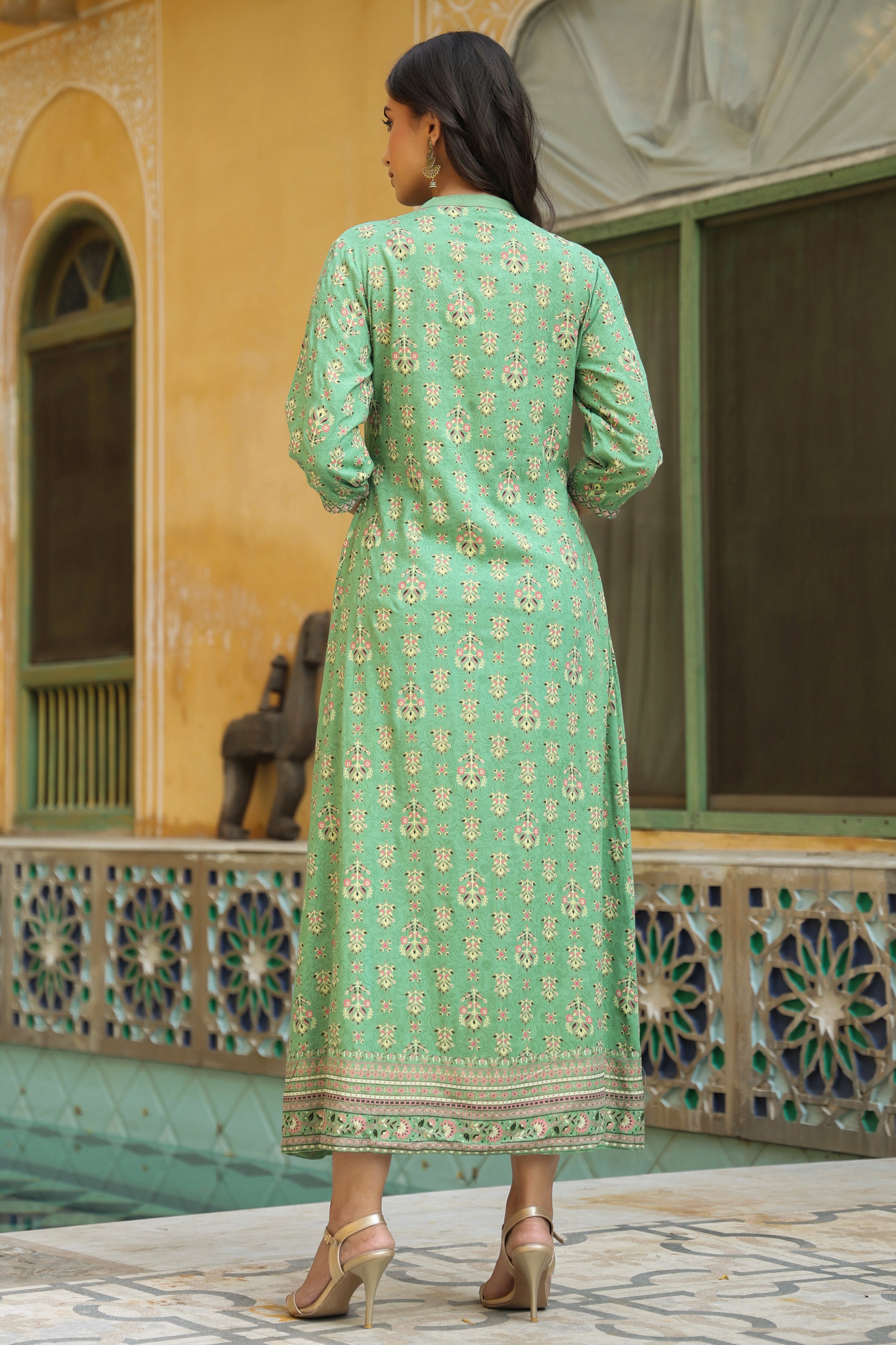 Juniper Women`s Pistagreen Rayon Printed A-Line Dress