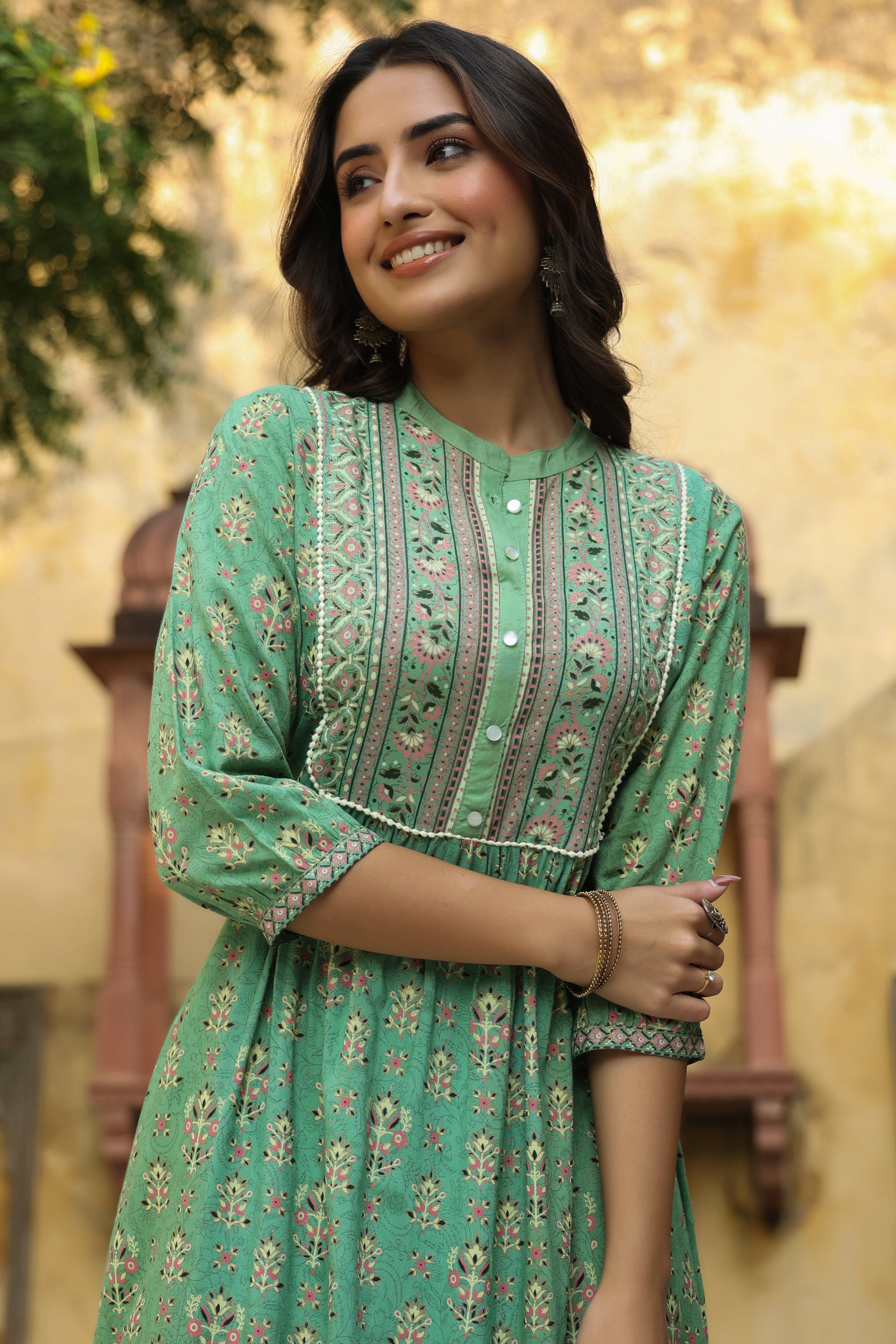 Juniper Women`s Pistagreen Rayon Printed A-Line Dress