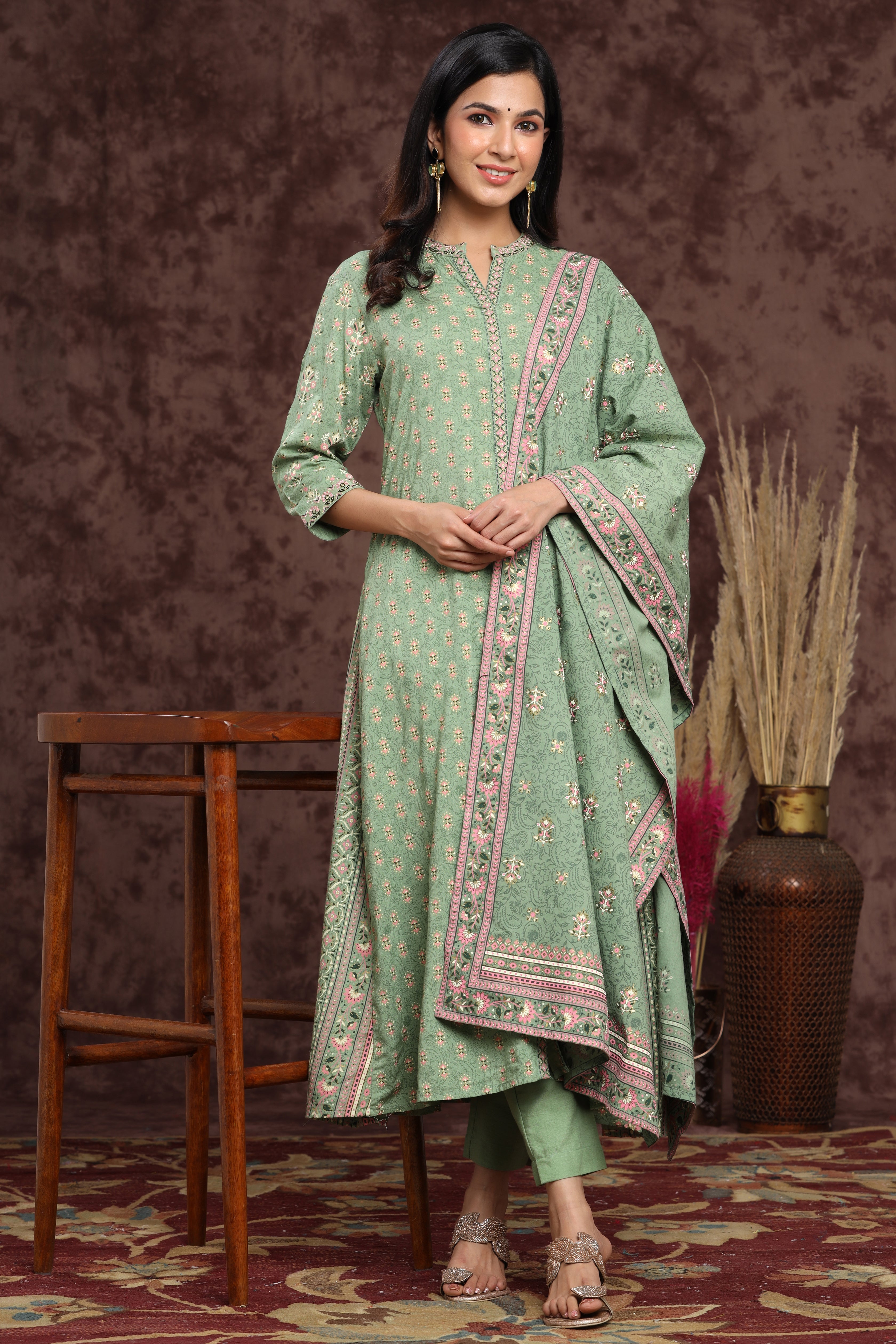 Juniper Pistagreen LIVA Rayon Printed A-Line Kurta Pant Dupatta Sets