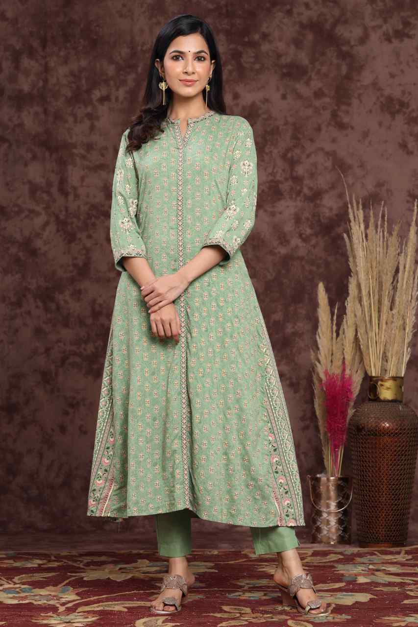 Juniper Pistagreen LIVA Rayon Printed A-Line Kurta Pant Dupatta Sets