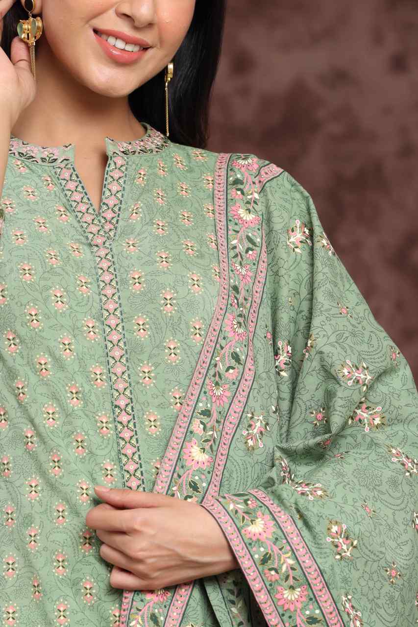 Juniper Pistagreen LIVA Rayon Printed A-Line Kurta Pant Dupatta Sets