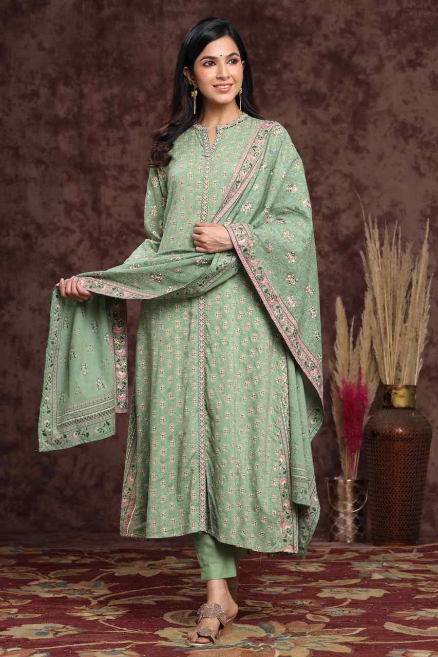 Juniper Pistagreen LIVA Rayon Printed A-Line Kurta Pant Dupatta Sets
