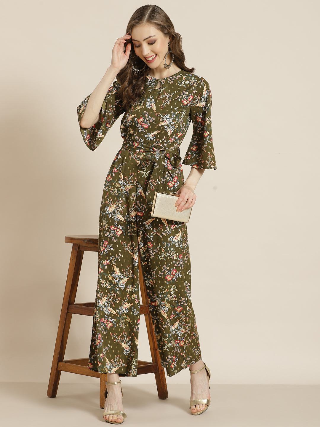 Juniper Olive Micro Poly Printed Jumpsuit with Tie-up