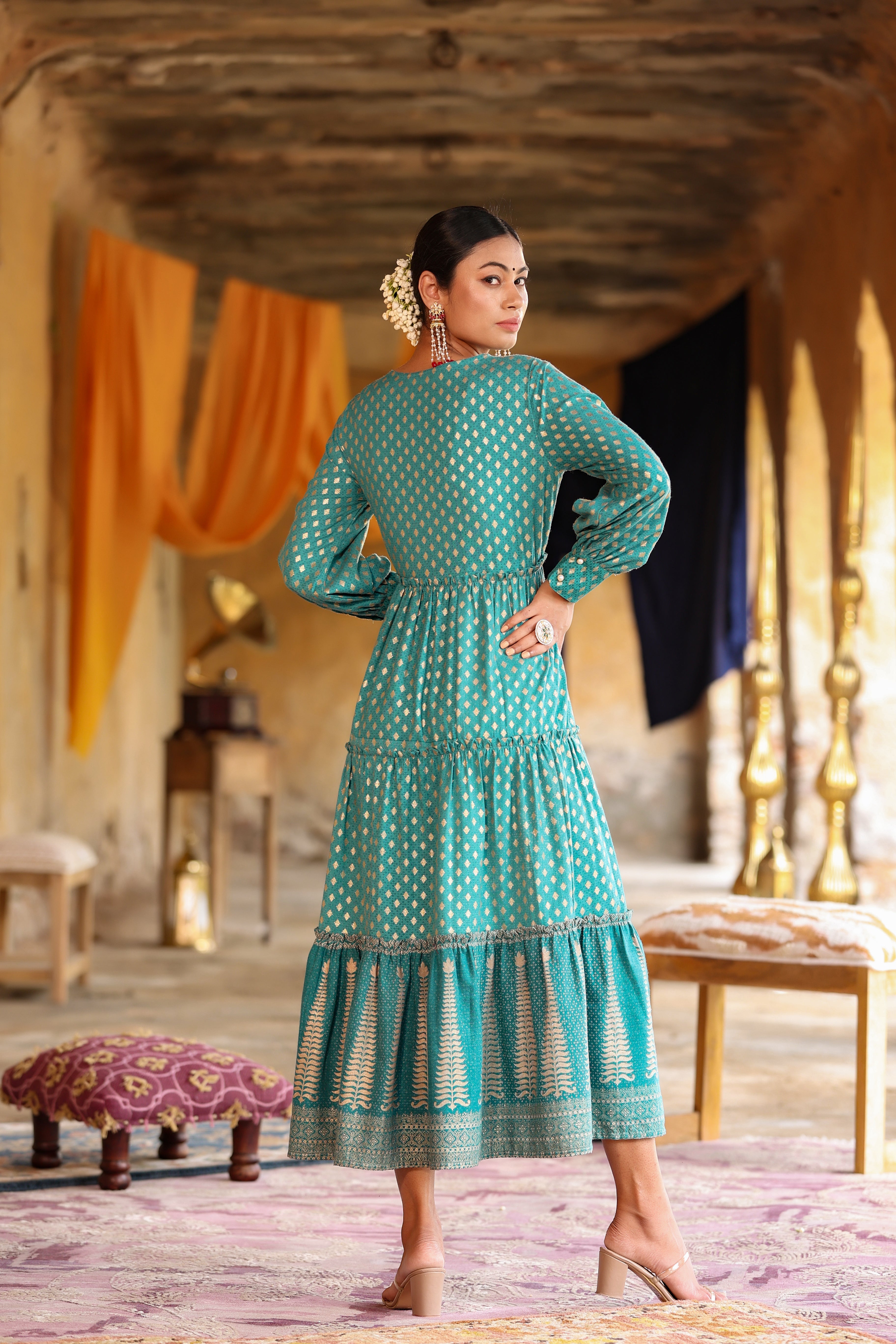 Juniper Teal Rayon Ethnic Motif Printed & Embroidered  Tiered Maxi Dress
