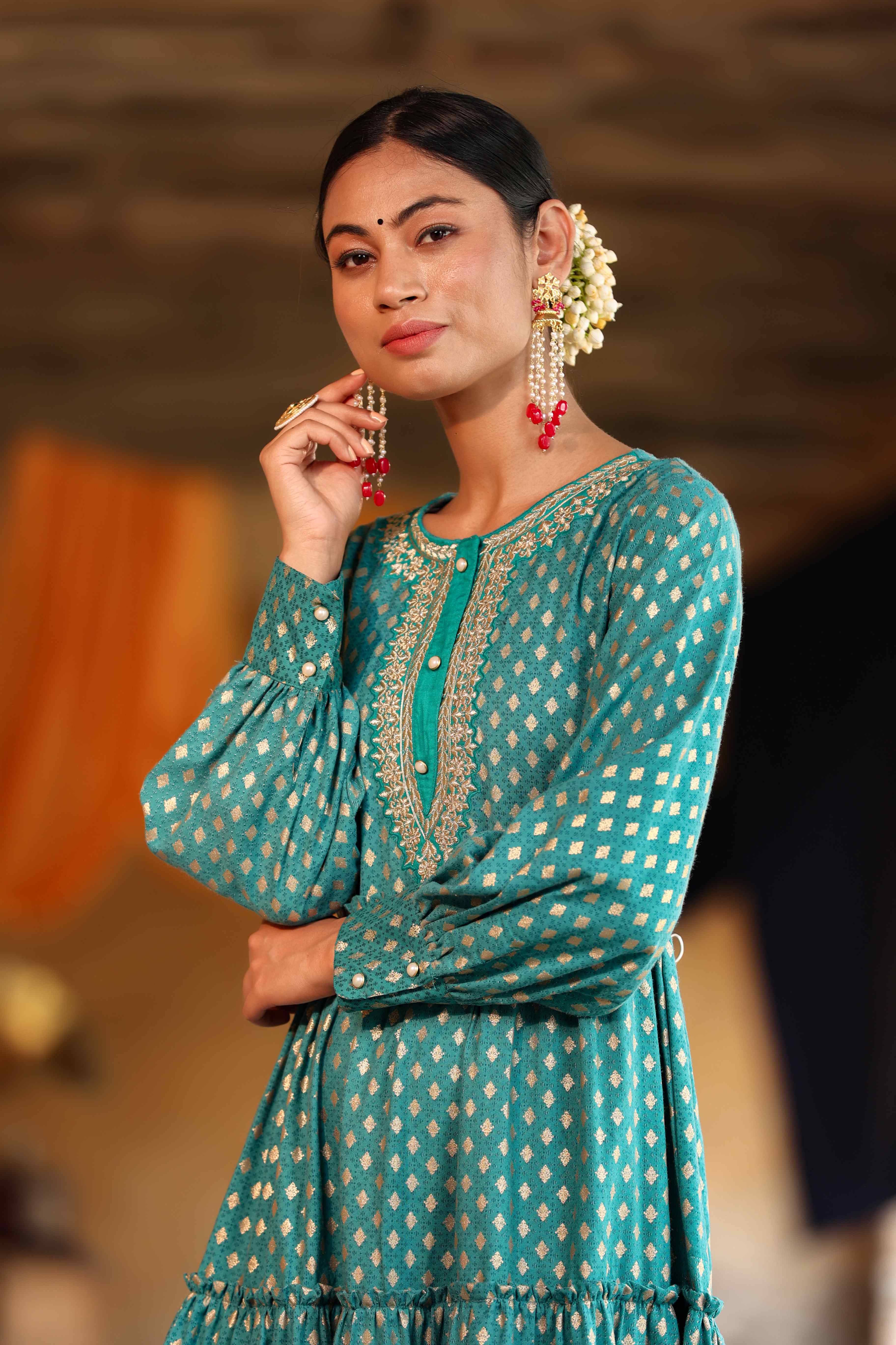 Juniper Teal Rayon Ethnic Motif Printed & Embroidered  Tiered Maxi Dress
