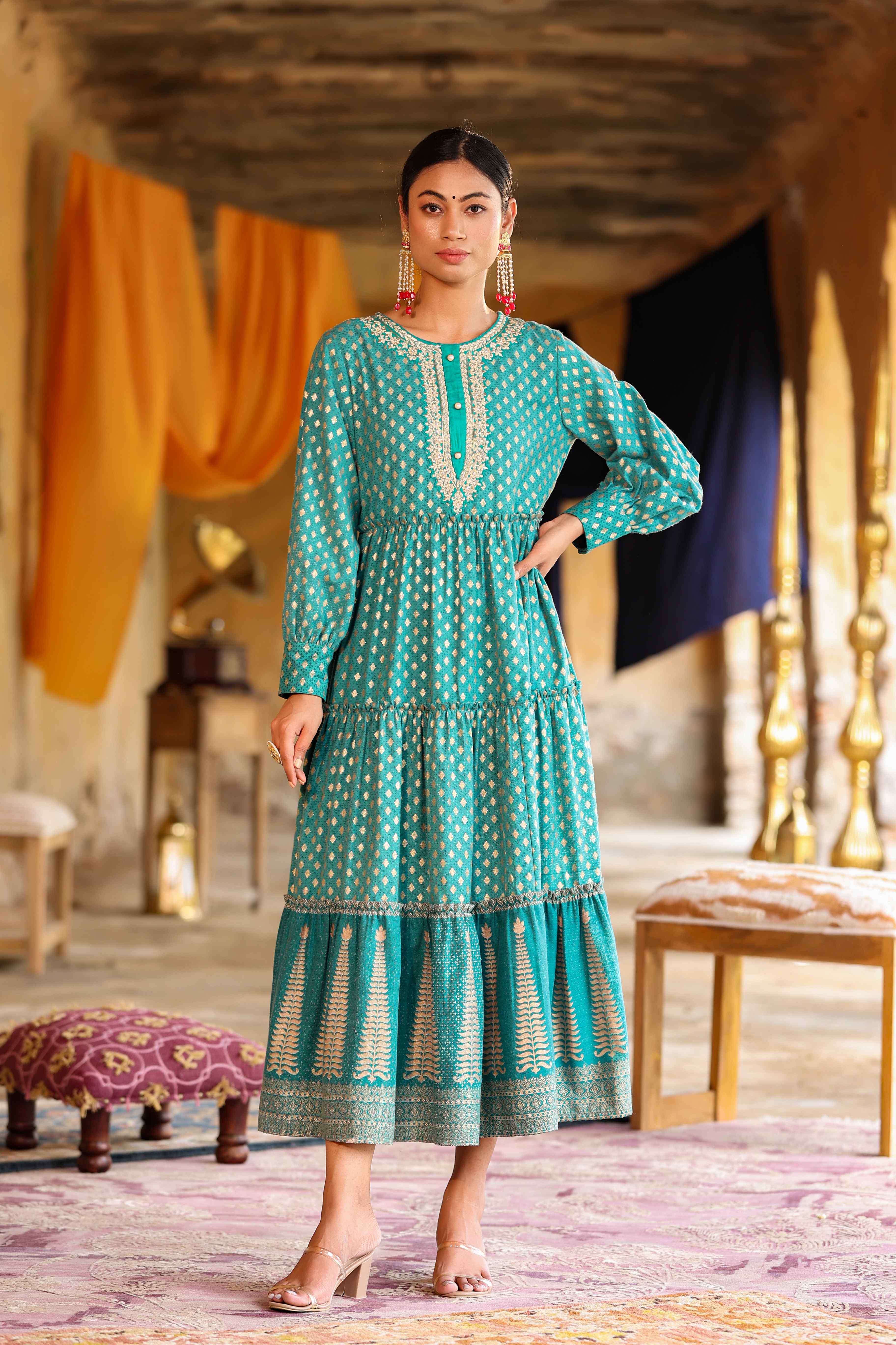 Juniper Teal Rayon Ethnic Motif Printed & Embroidered  Tiered Maxi Dress