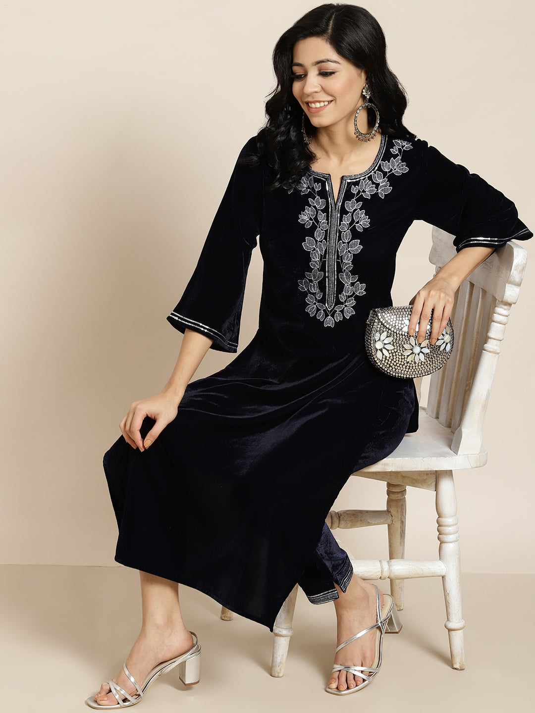 Juniper Navy Blue Ethnic Motif Printed Velvet Straight Kurta & Pants Set With Zari Work Embroidery.