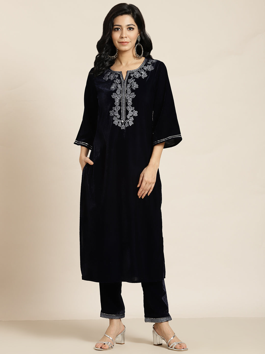 Juniper Navy Blue Ethnic Motif Printed Velvet Straight Kurta & Pants Set With Zari Work Embroidery.