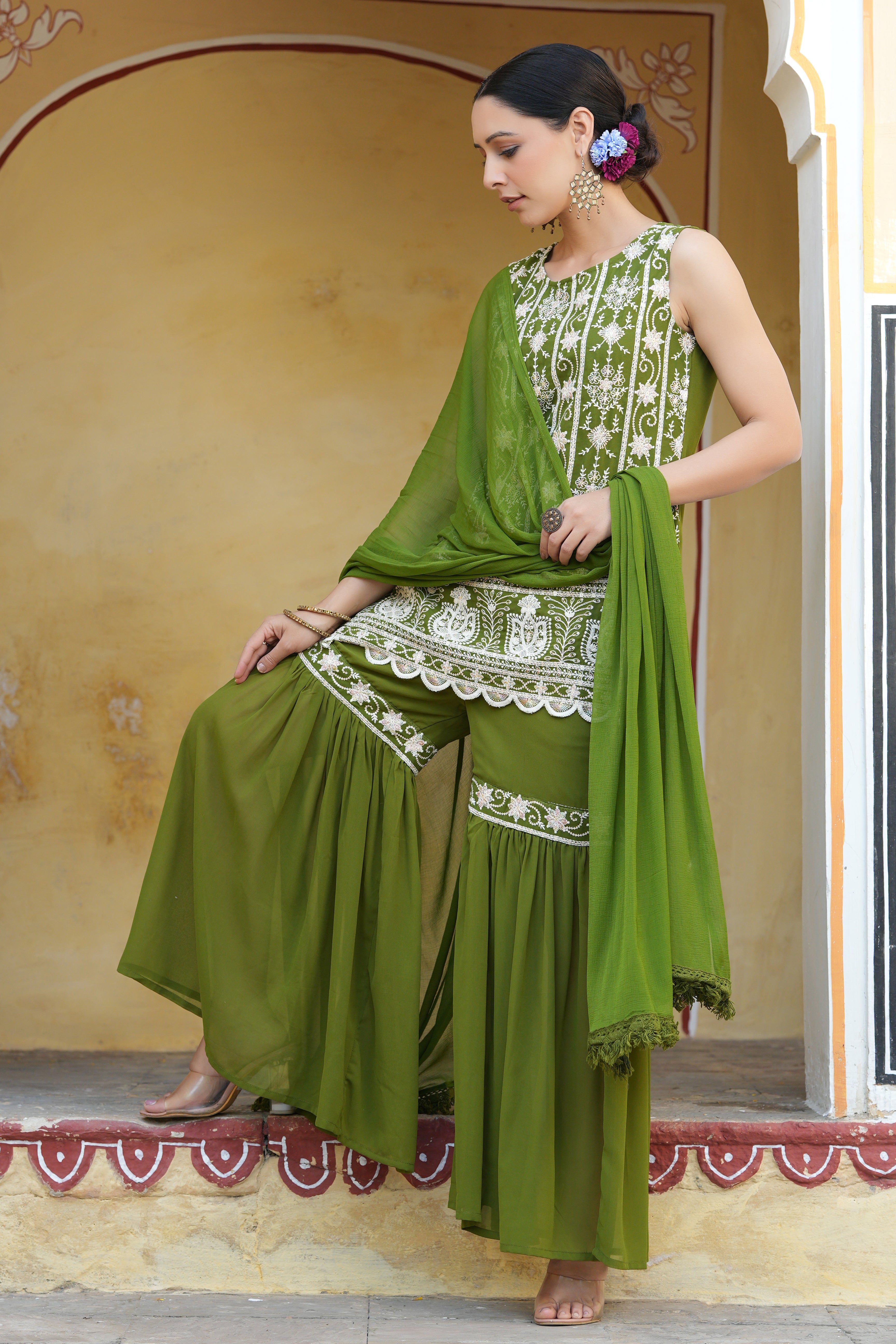Juniper Mehendi Green Ethnic Motif Printed Georgette Kurta Sharara & Dupatta Set With Thread Work Embroidery