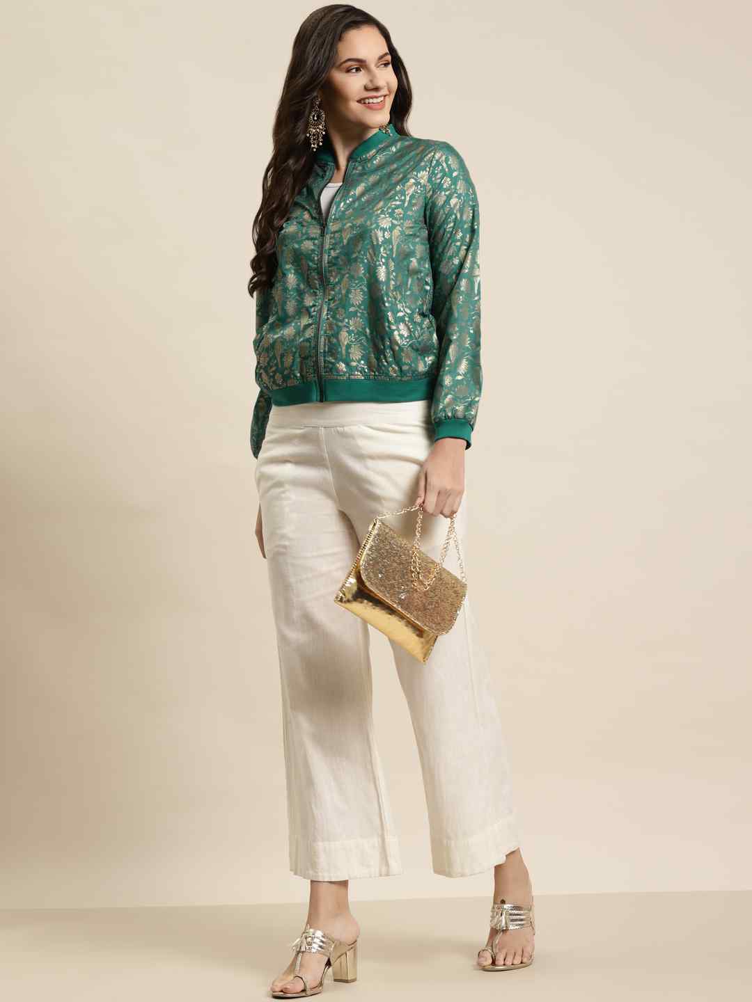 Juniper Teal Poly Crepe Printed Straight Bomber Jacket
