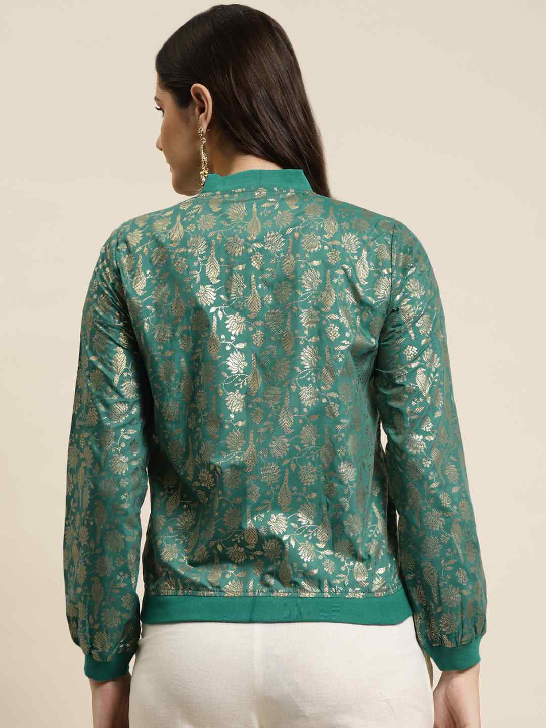 Juniper Teal Poly Crepe Printed Straight Bomber Jacket