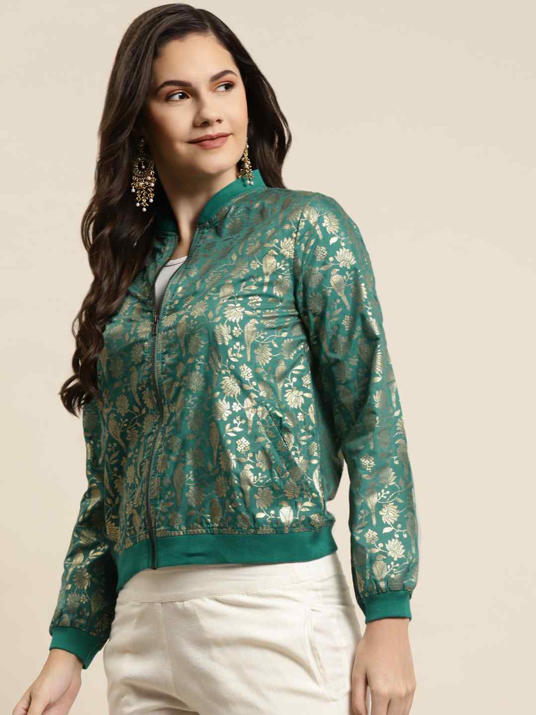 Juniper Teal Poly Crepe Printed Straight Bomber Jacket
