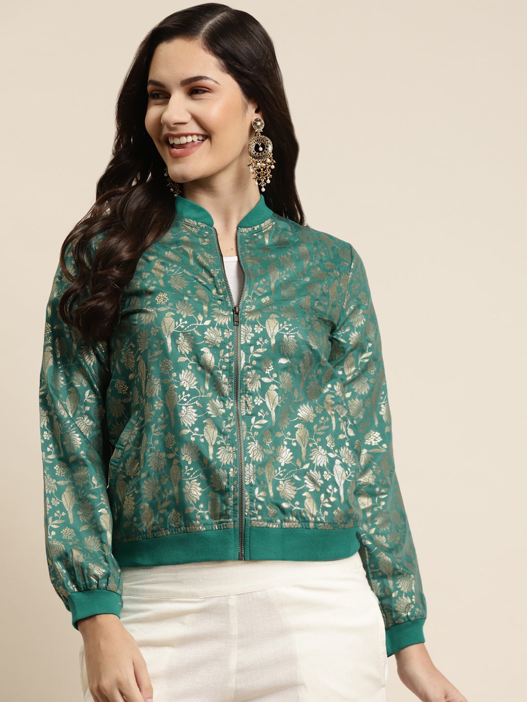 Juniper Teal Poly Crepe Printed Straight Bomber Jacket