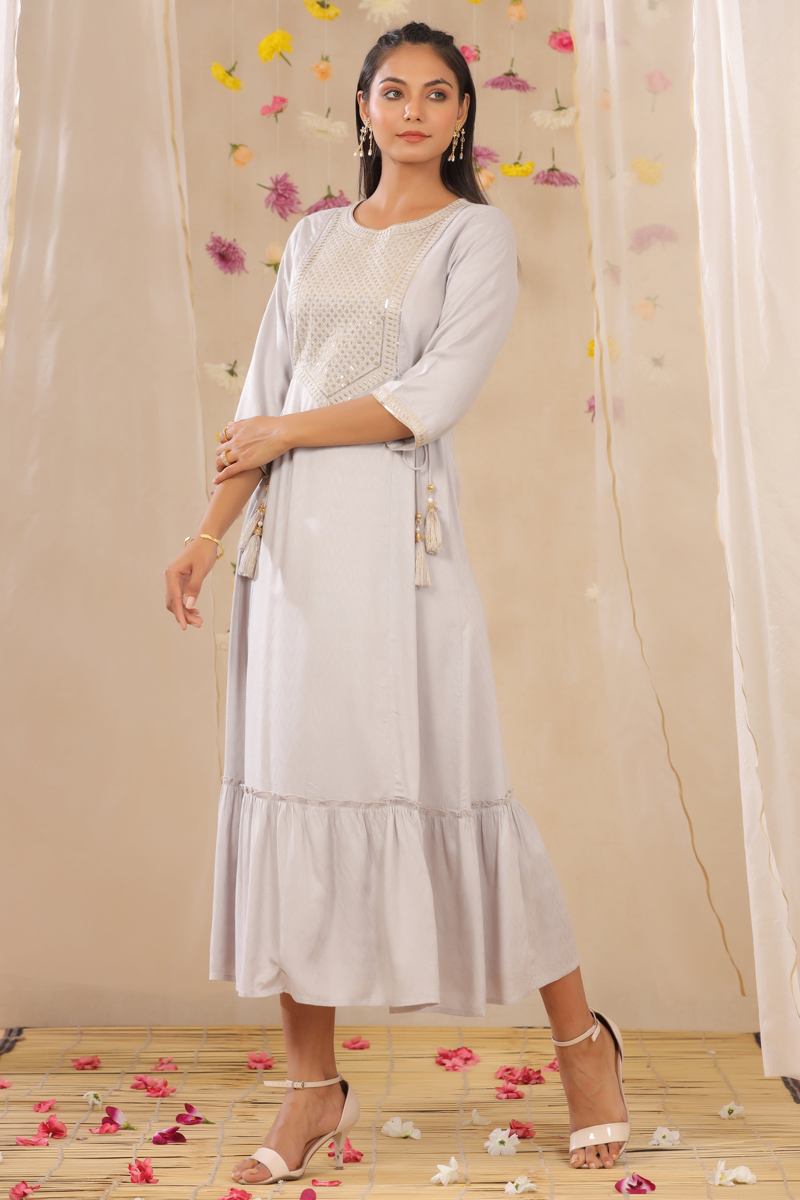 Juniper Grey Zari Embroidered Rayon Dobby Maxi Dress