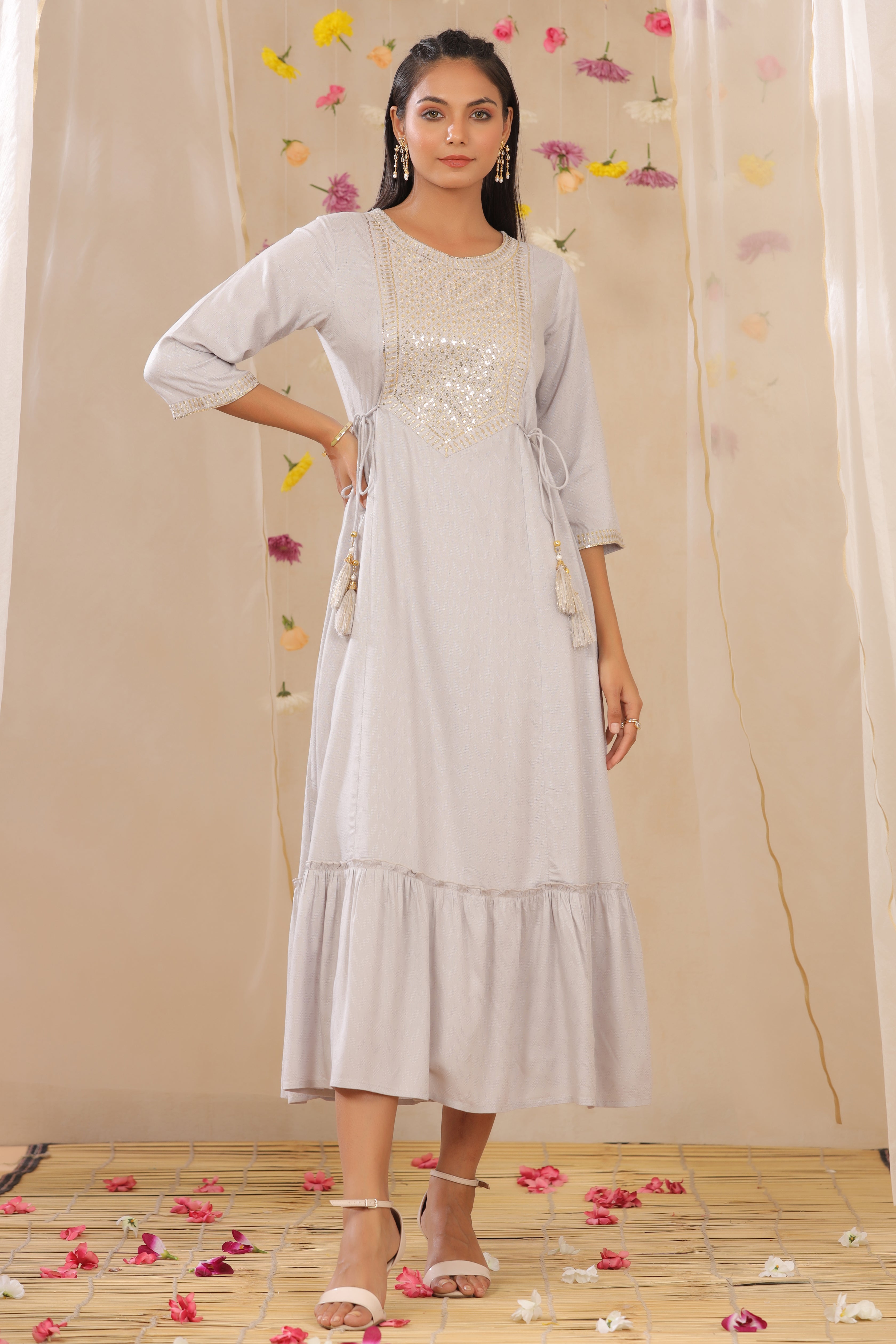 Juniper Grey Zari Embroidered Rayon Dobby Maxi Dress