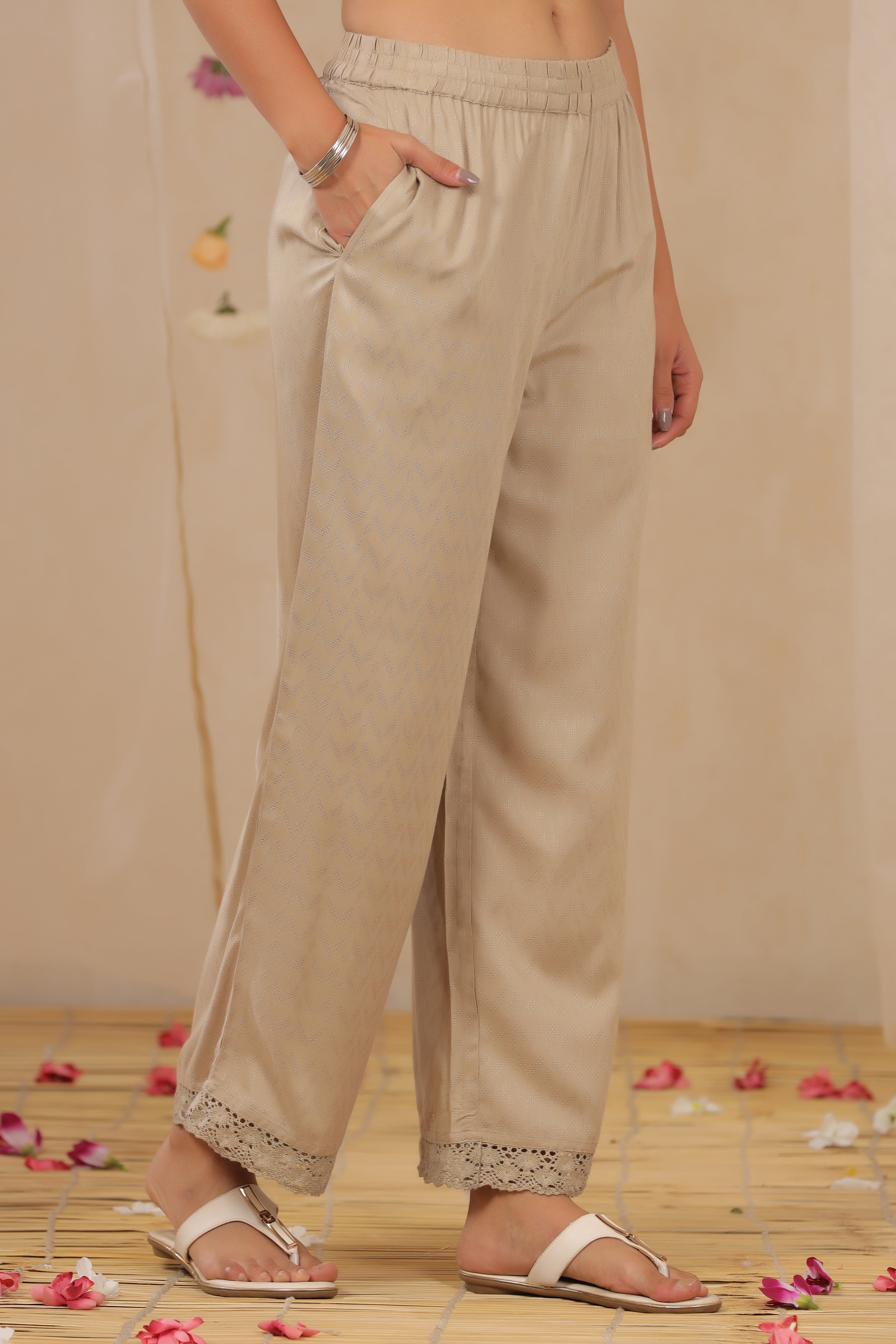 Juniper Sand Grey Solid Rayon Dobby Palazzo With Lace At Hem