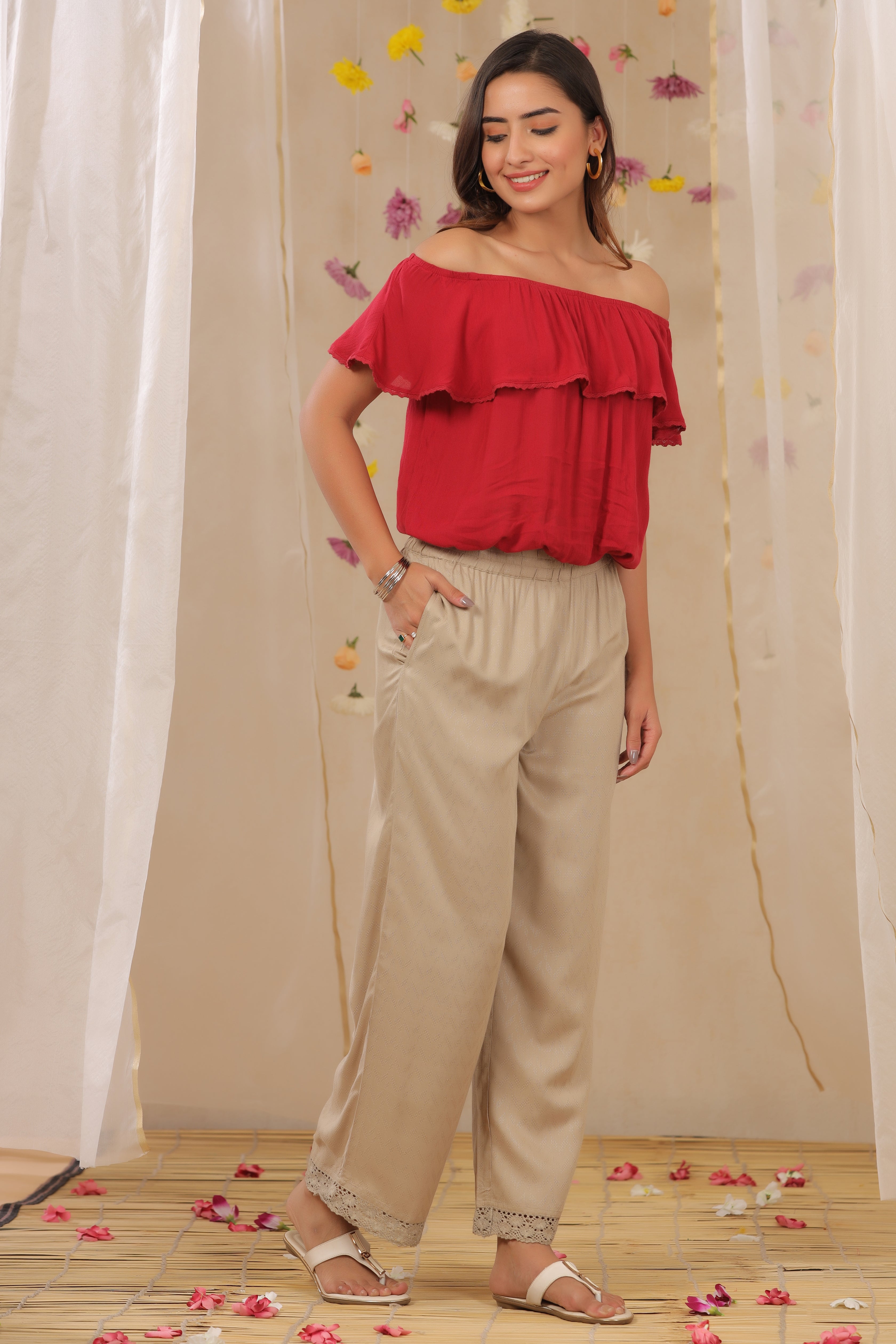 Juniper Sand Grey Solid Rayon Dobby Palazzo With Lace At Hem