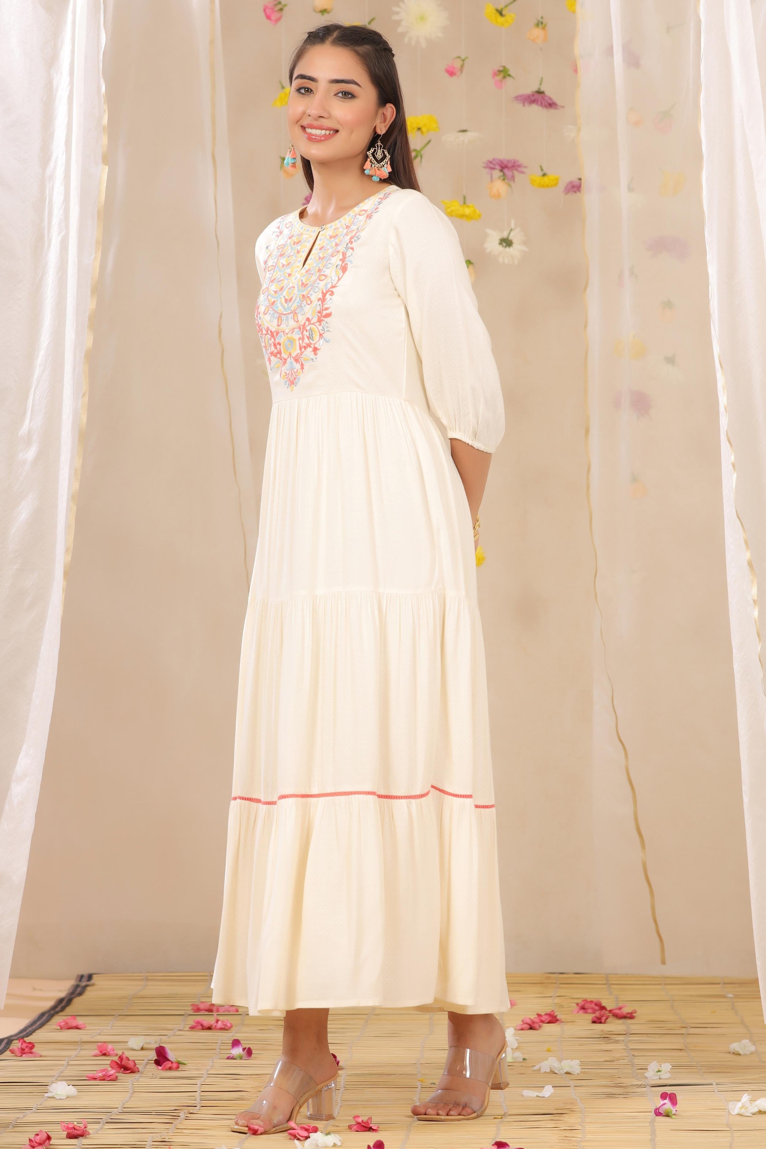 Off-White Embroidered Rayon Dobby Maxi Dress with Lace Work