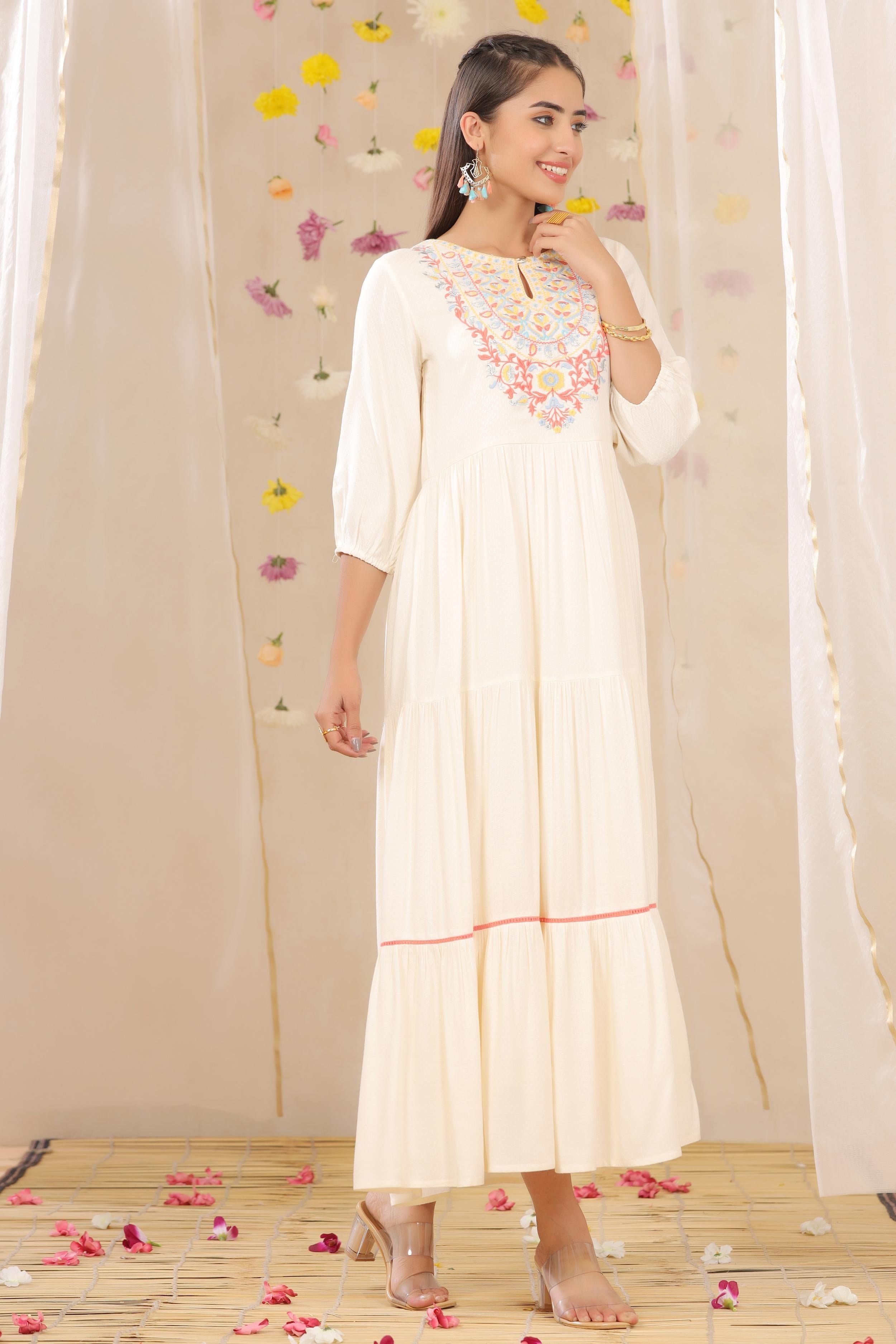 Off-White Embroidered Rayon Dobby Maxi Dress with Lace Work
