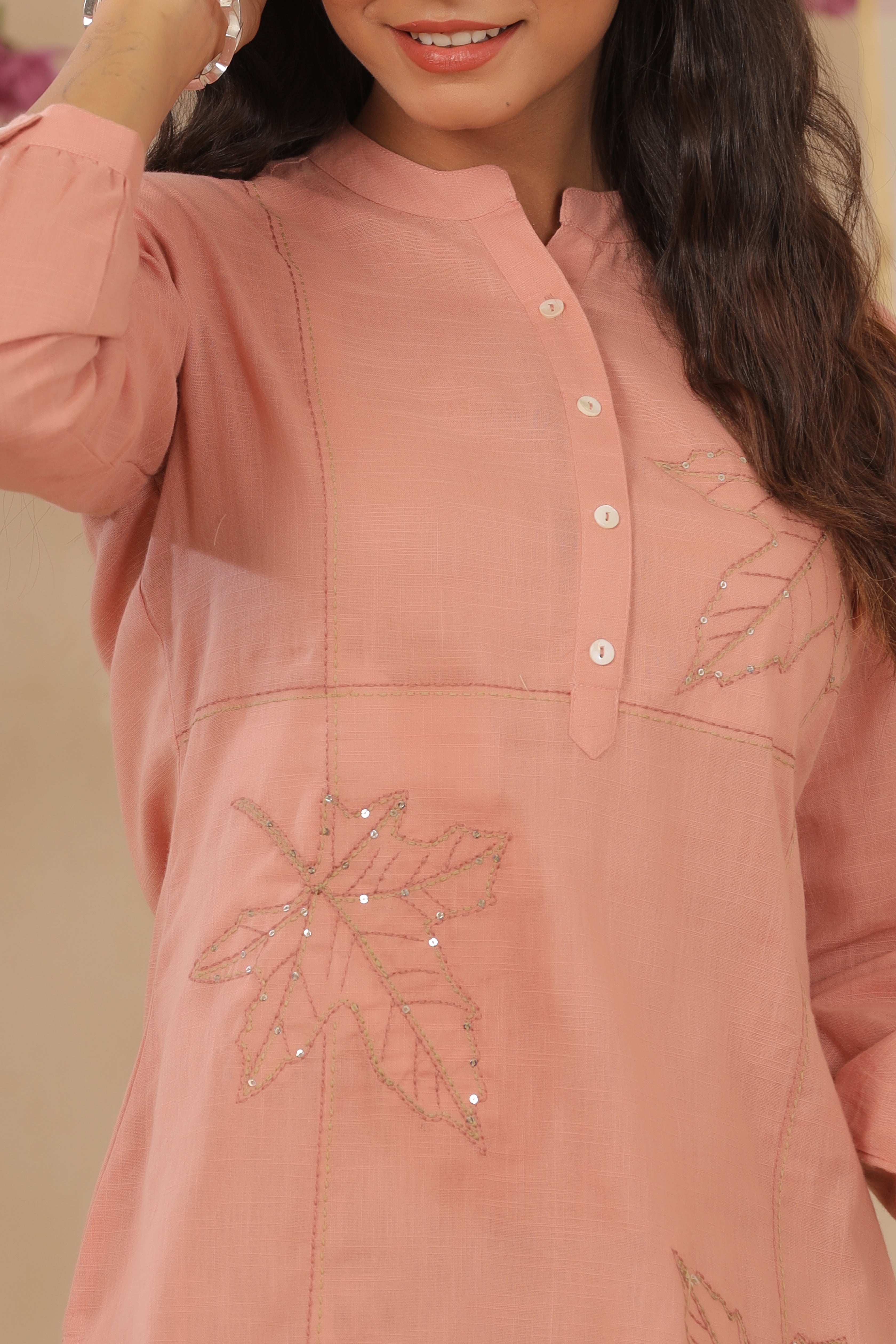 Juniper Peach Embroidered Cotton Slub High-Low Tunic