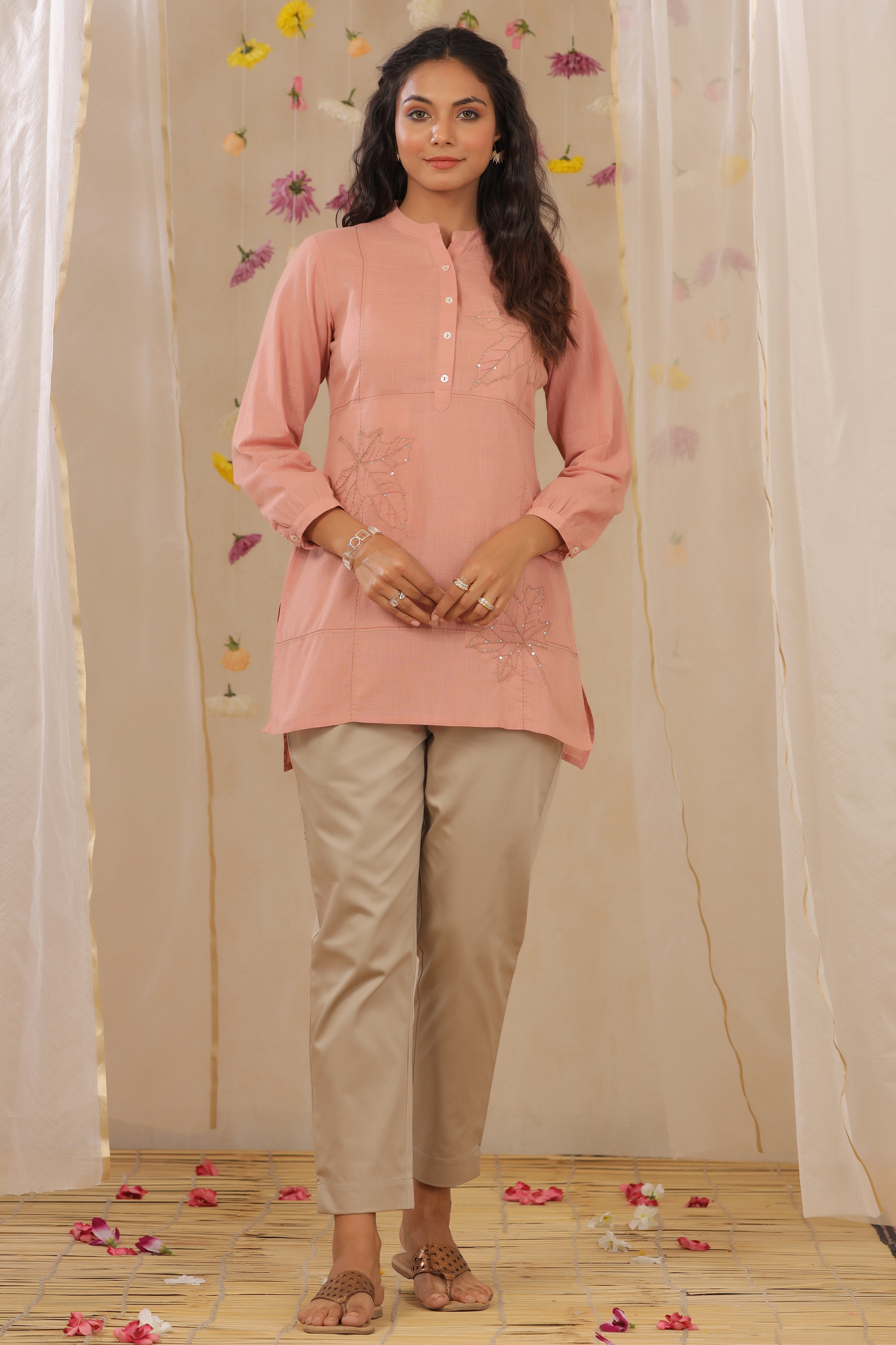 Juniper Peach Embroidered Cotton Slub High-Low Tunic