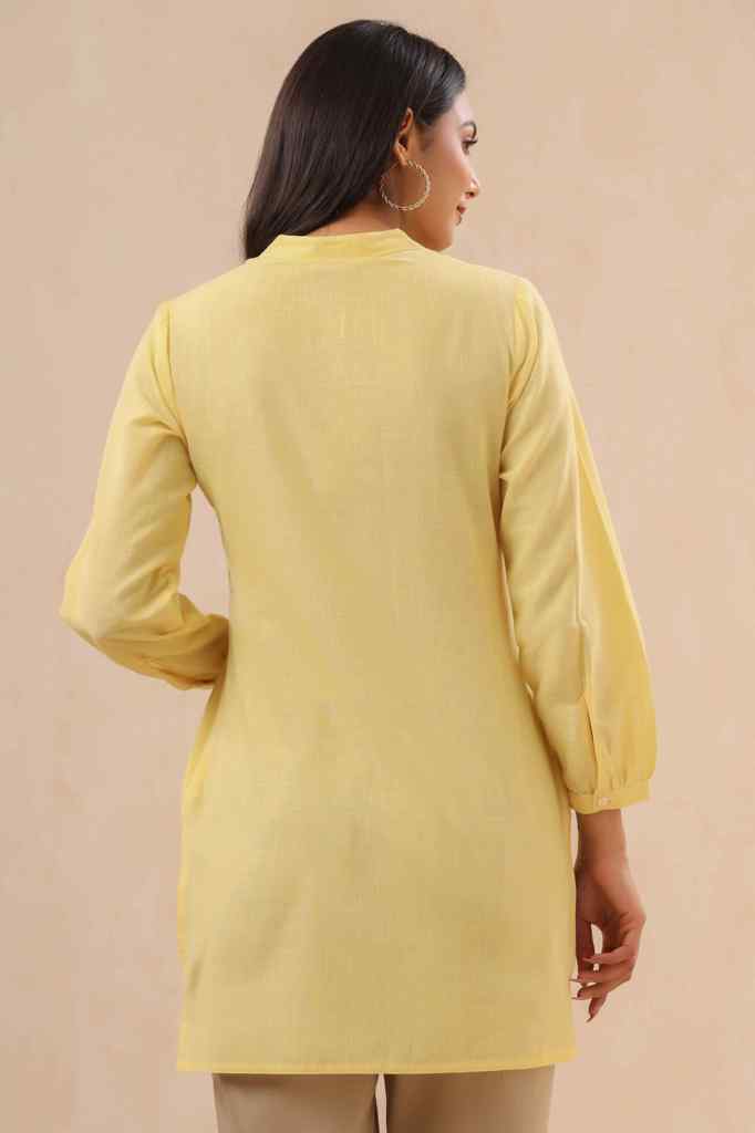 Juniper Yellow Ethnic Motif Printed Cotton Slub Kurta With Thread & Sequins Work Embroidery