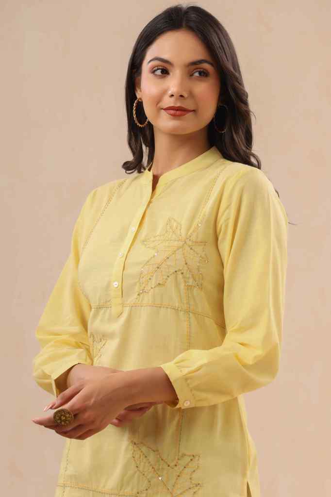 Juniper Yellow Ethnic Motif Printed Cotton Slub Kurta With Thread & Sequins Work Embroidery