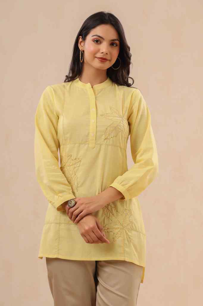 Juniper Yellow Ethnic Motif Printed Cotton Slub Kurta With Thread & Sequins Work Embroidery