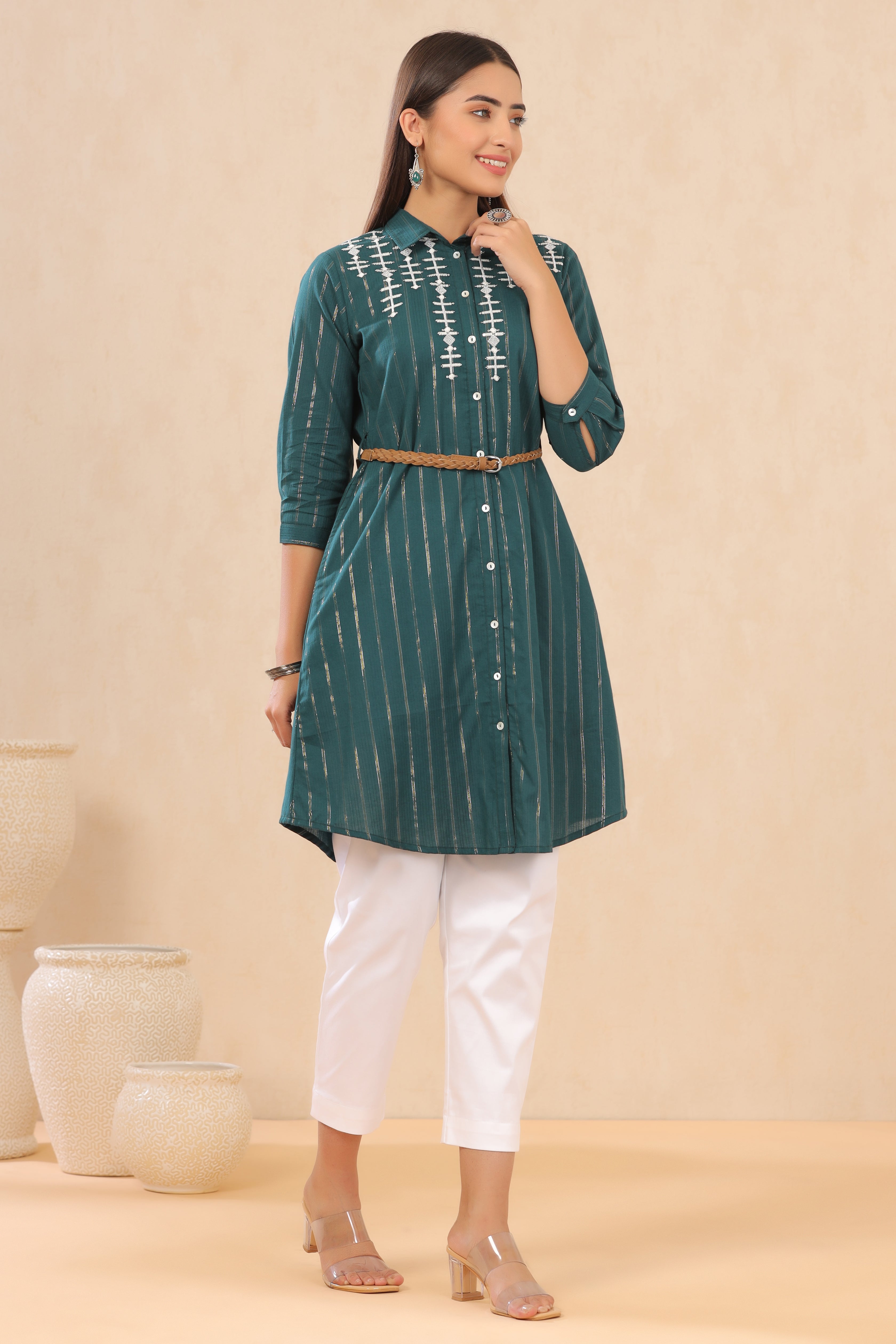 Juniper Teal Embroidered Cotton Lurex Short Dress with Buttons closure