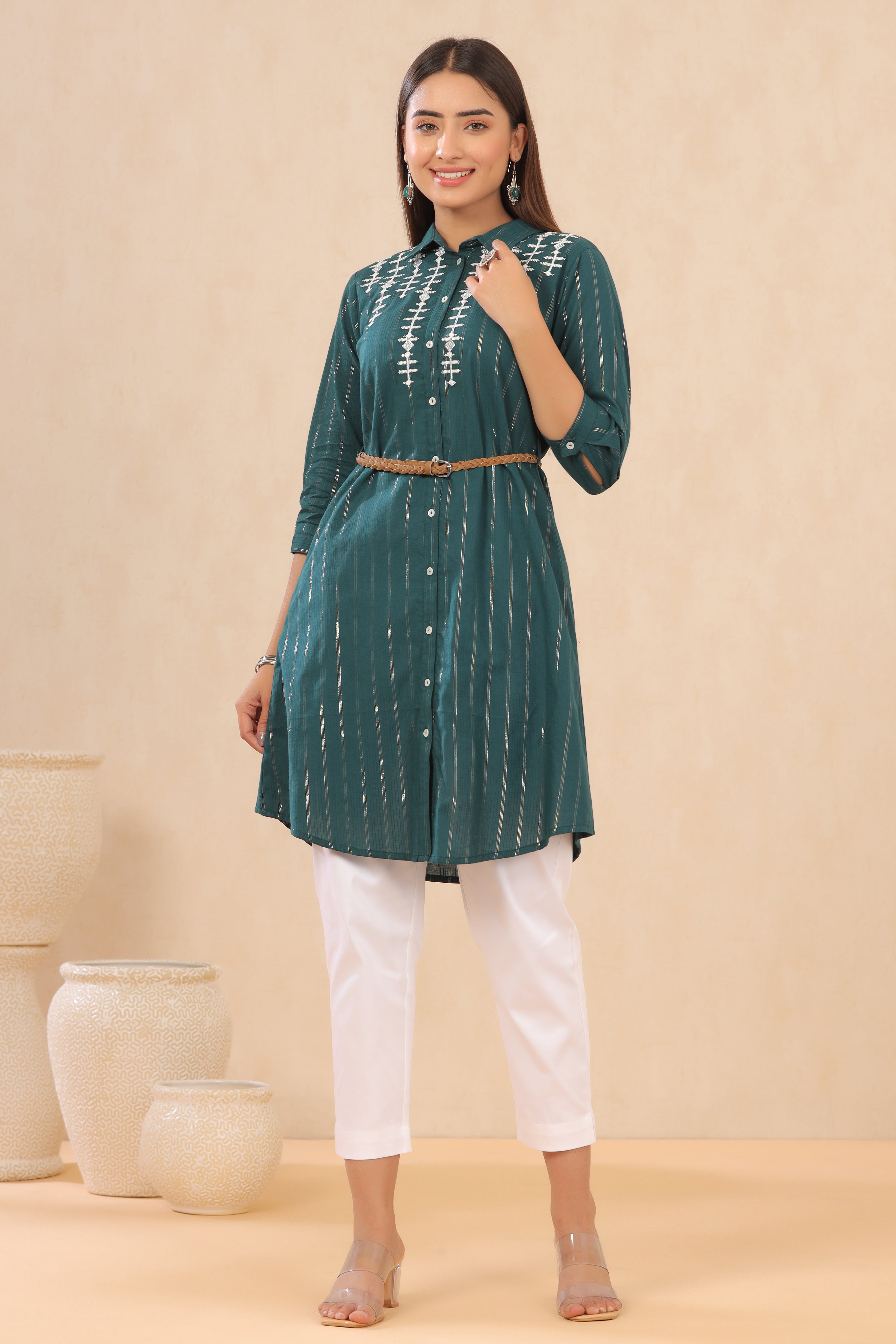 Juniper Teal Embroidered Cotton Lurex Short Dress with Buttons closure