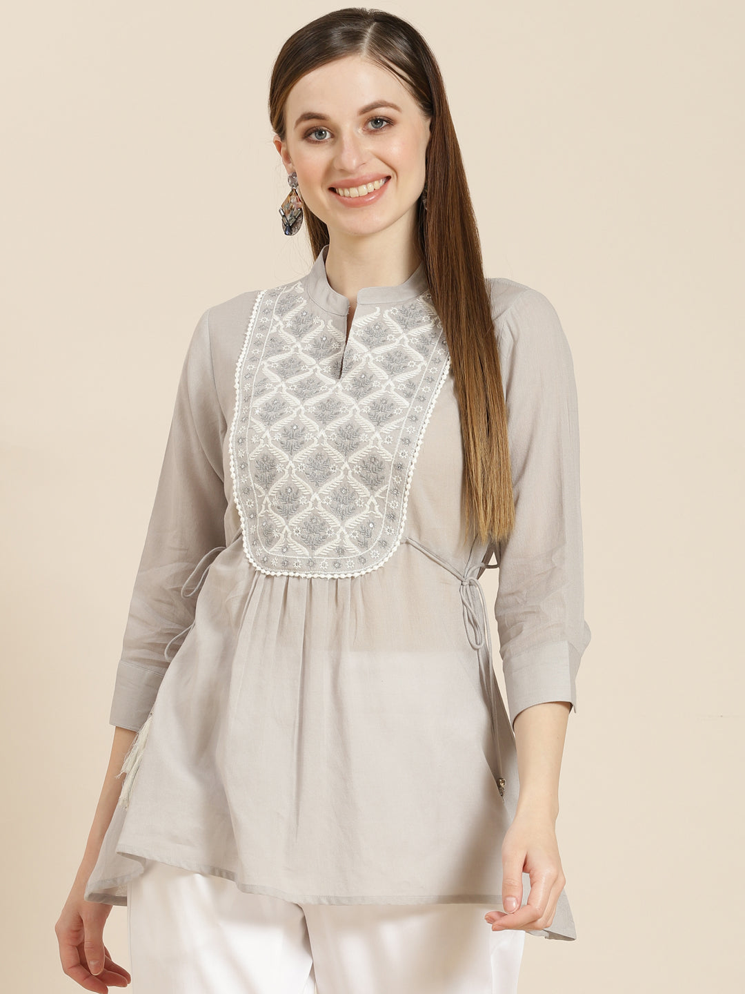 Juniper Grey Cotton Moss Embroidered A-Line Tunic