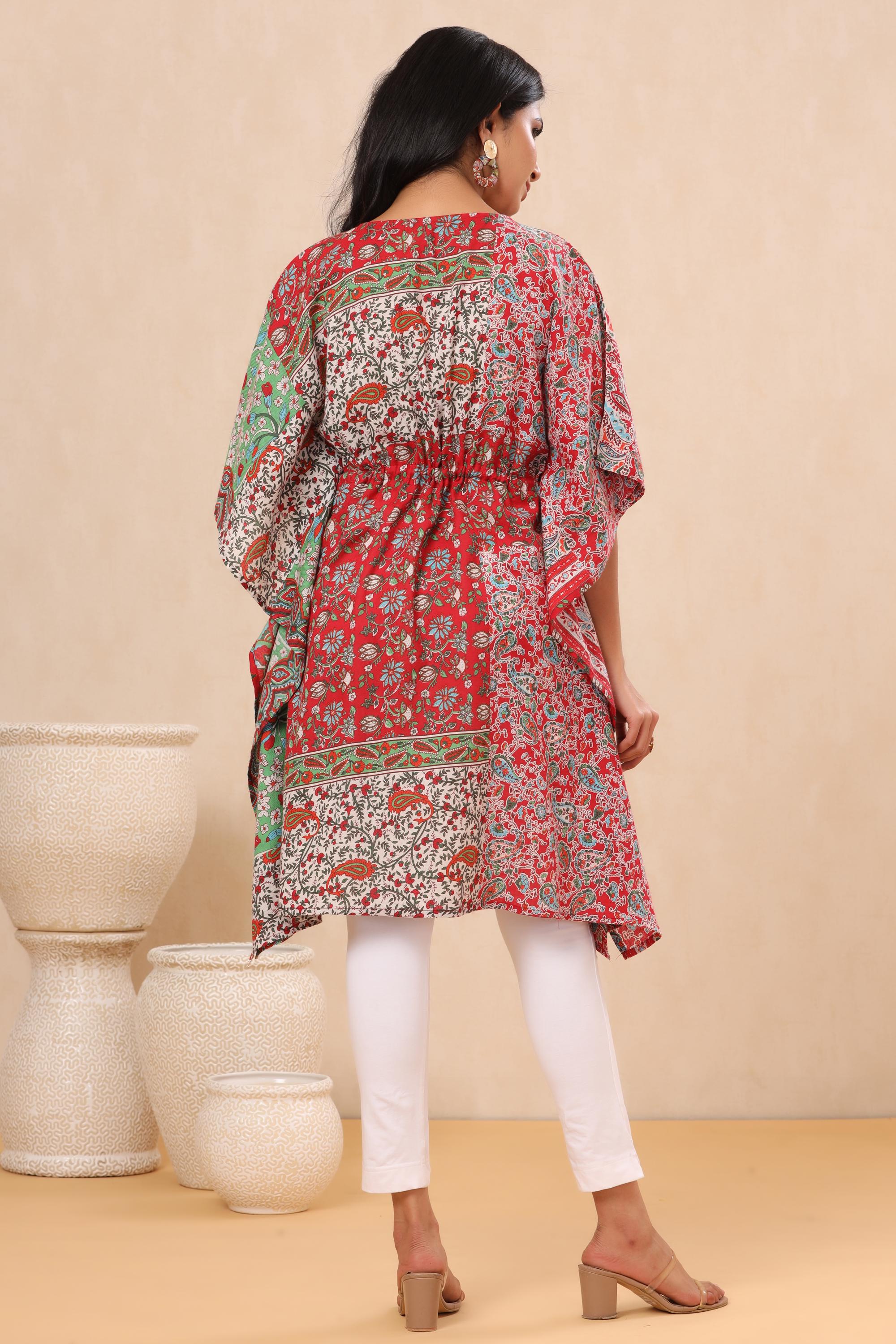 Red Floral Printed Rayon Twill Kaftan With Drawstring At Waist